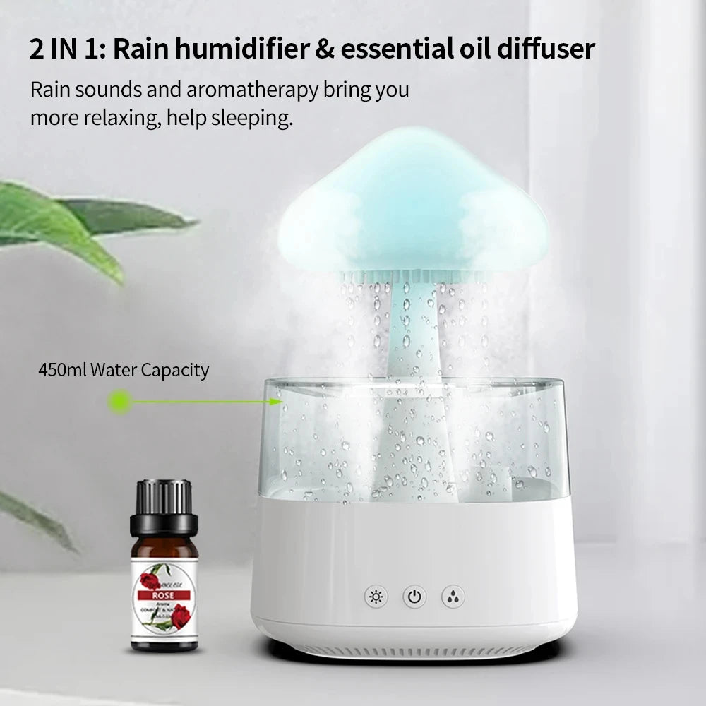 Mushroom Aroma Diffuser Rain Cloud GO-KMM-103-HXDW releasing mist with LED light for aromatherapy and humidifying.