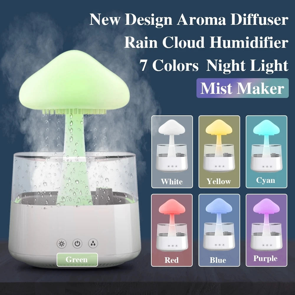Mushroom Aroma Diffuser Rain Cloud GO-KMM-103-HXDW releasing mist with LED light for aromatherapy and humidifying.