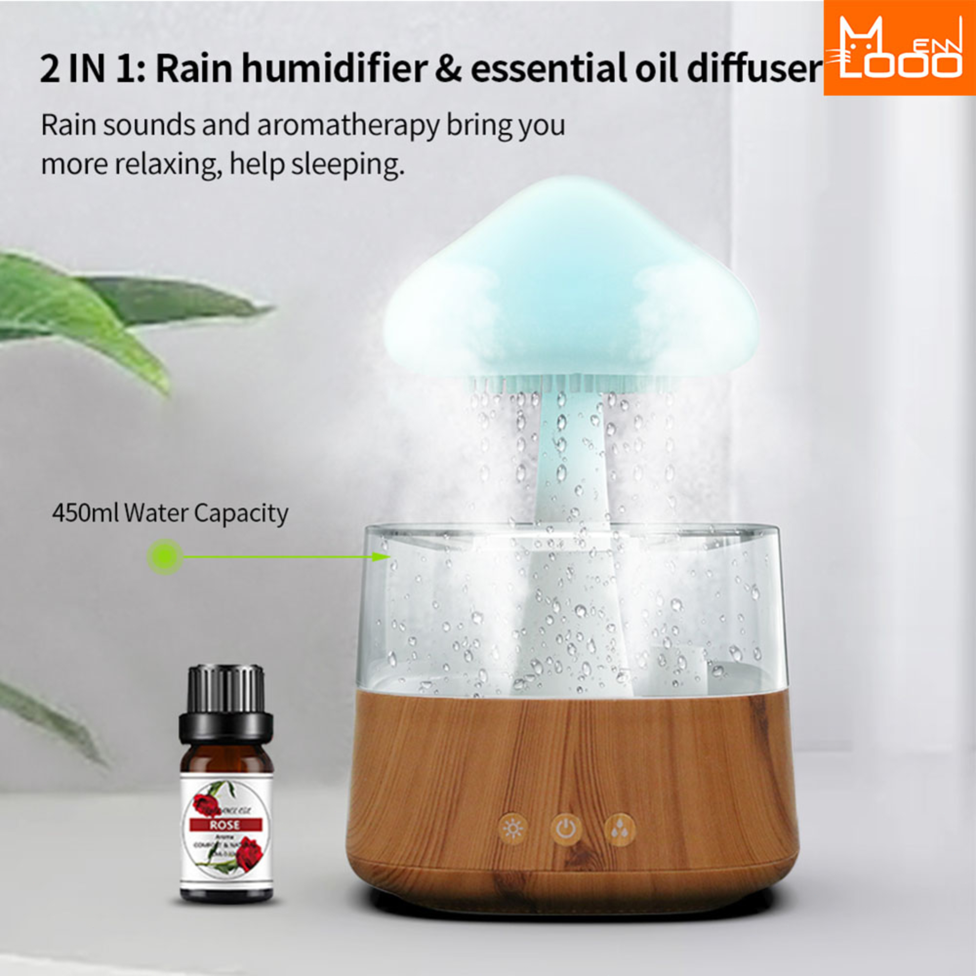 450ML Rain Drop Humidifier with Remote 7 Colours Led Light Mushroom Cloud Essential Oil Aromatherapy Diffuser for Sleeping Home