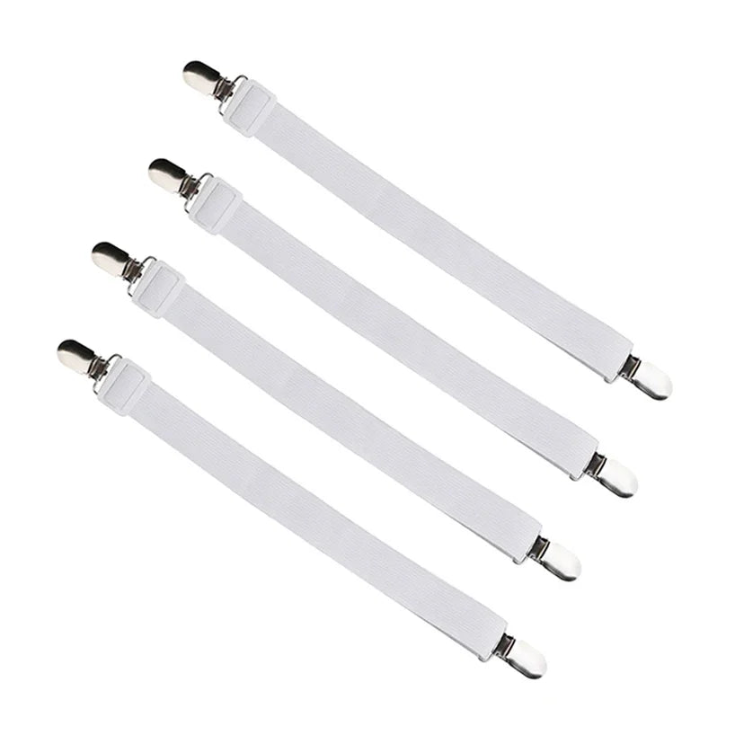 Adjustable elastic bed sheet corner fasteners with metal clips and hook straps