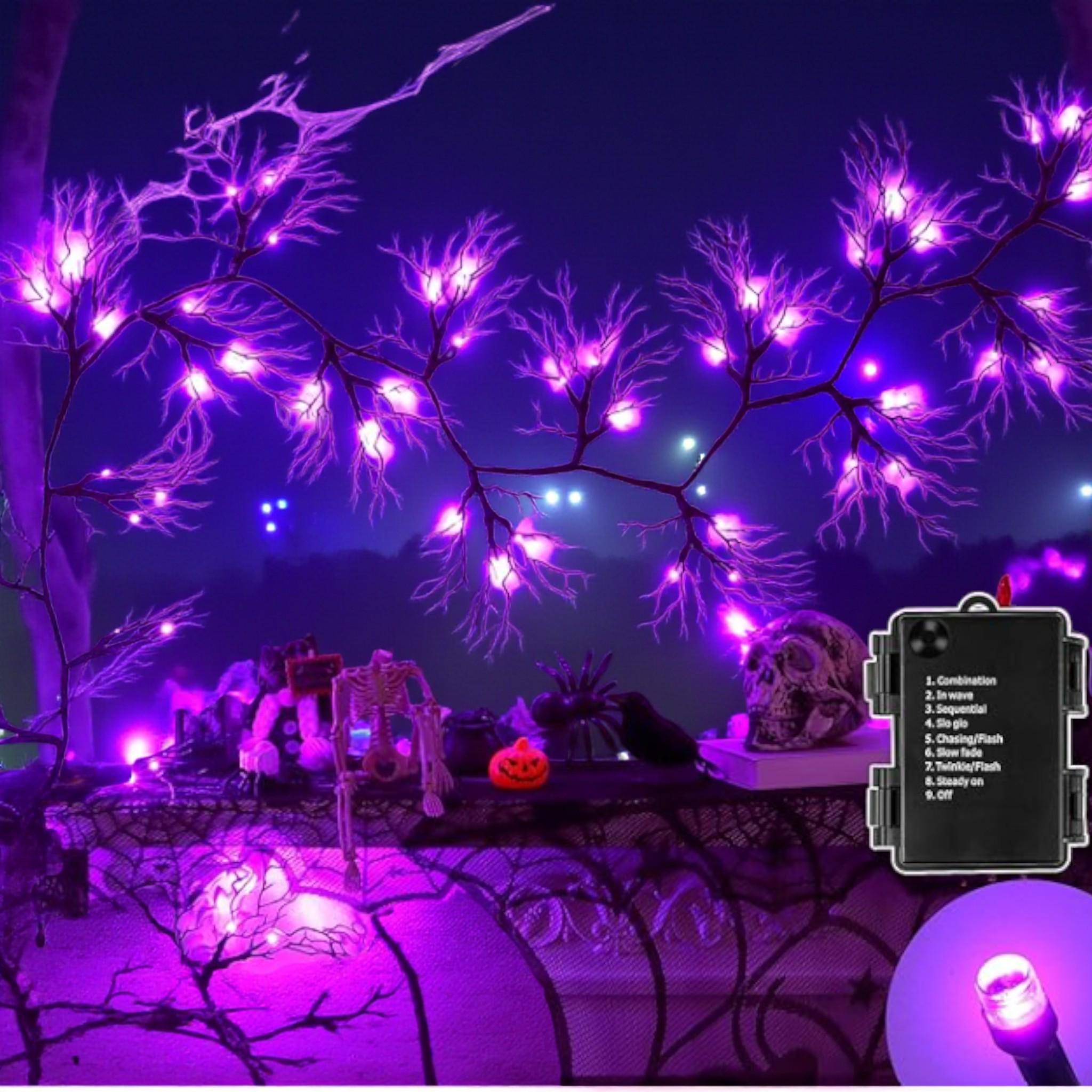 6FT Halloween Willow Vine Garland, 45 LED Black Twig Lights with Orange & Purple, Timer 8 Modes, Battery Indoor Wall Mantle Decor