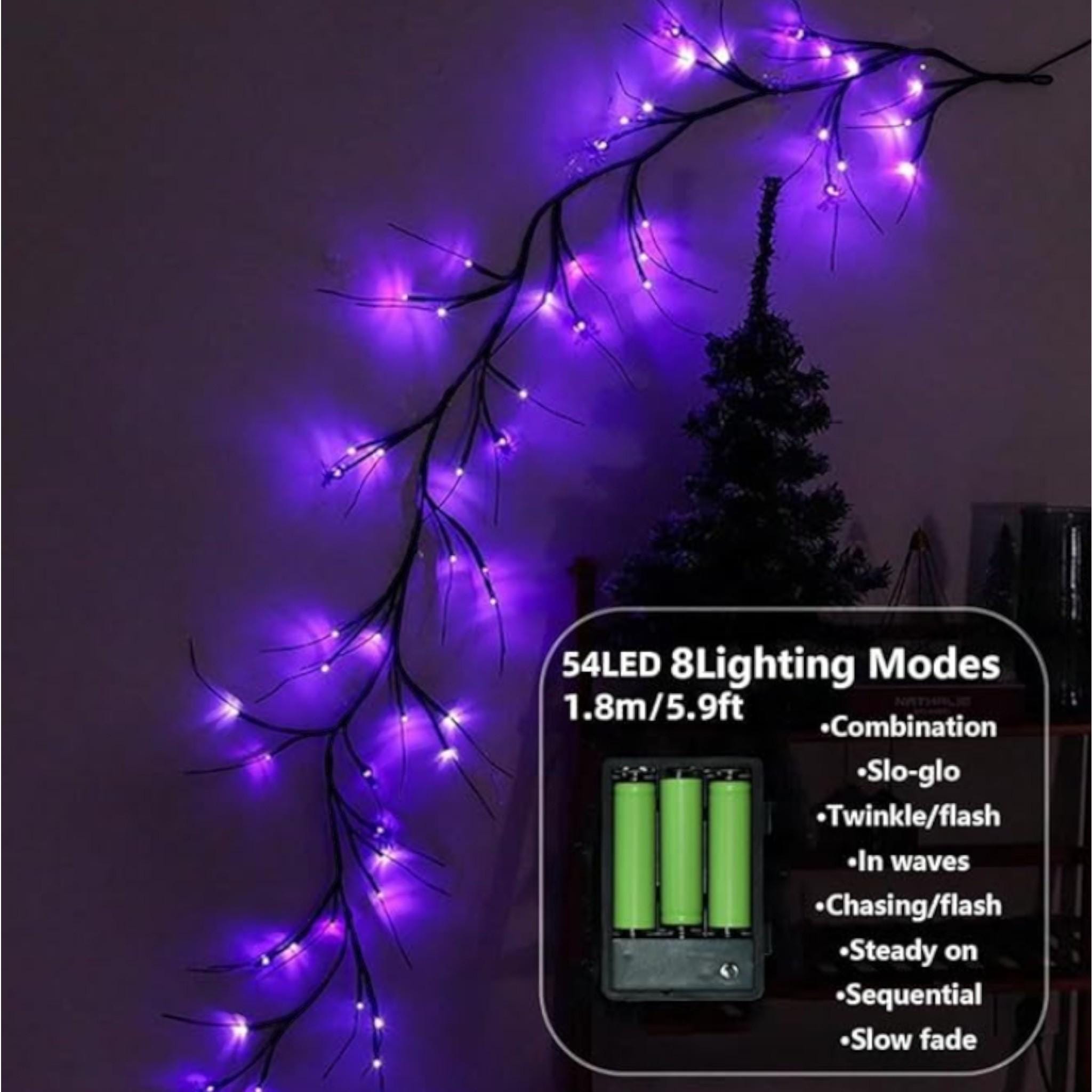 Halloween Willow Garland with Purple LED Lights & Bats - 9 FT