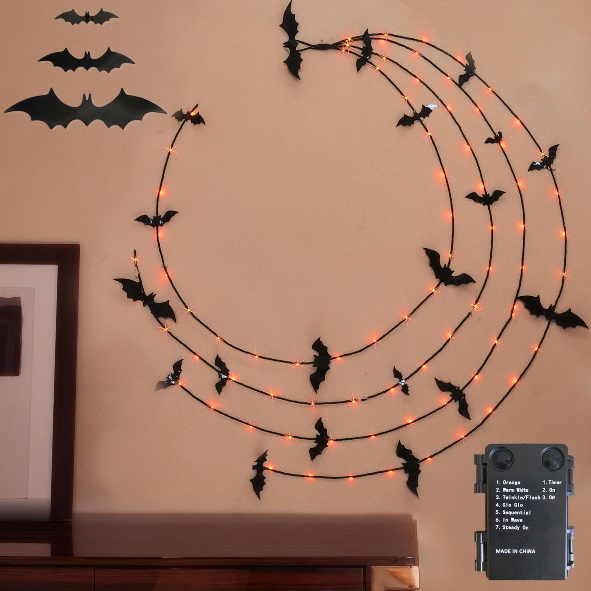 Lighted Halloween Garland, 6FT Bat Decor, Orange LED Lights, Timer