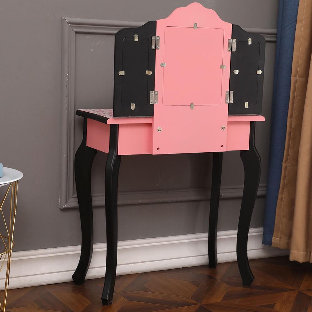 Red Leopard Print Kids Vanity Table with Tri-Fold Mirror