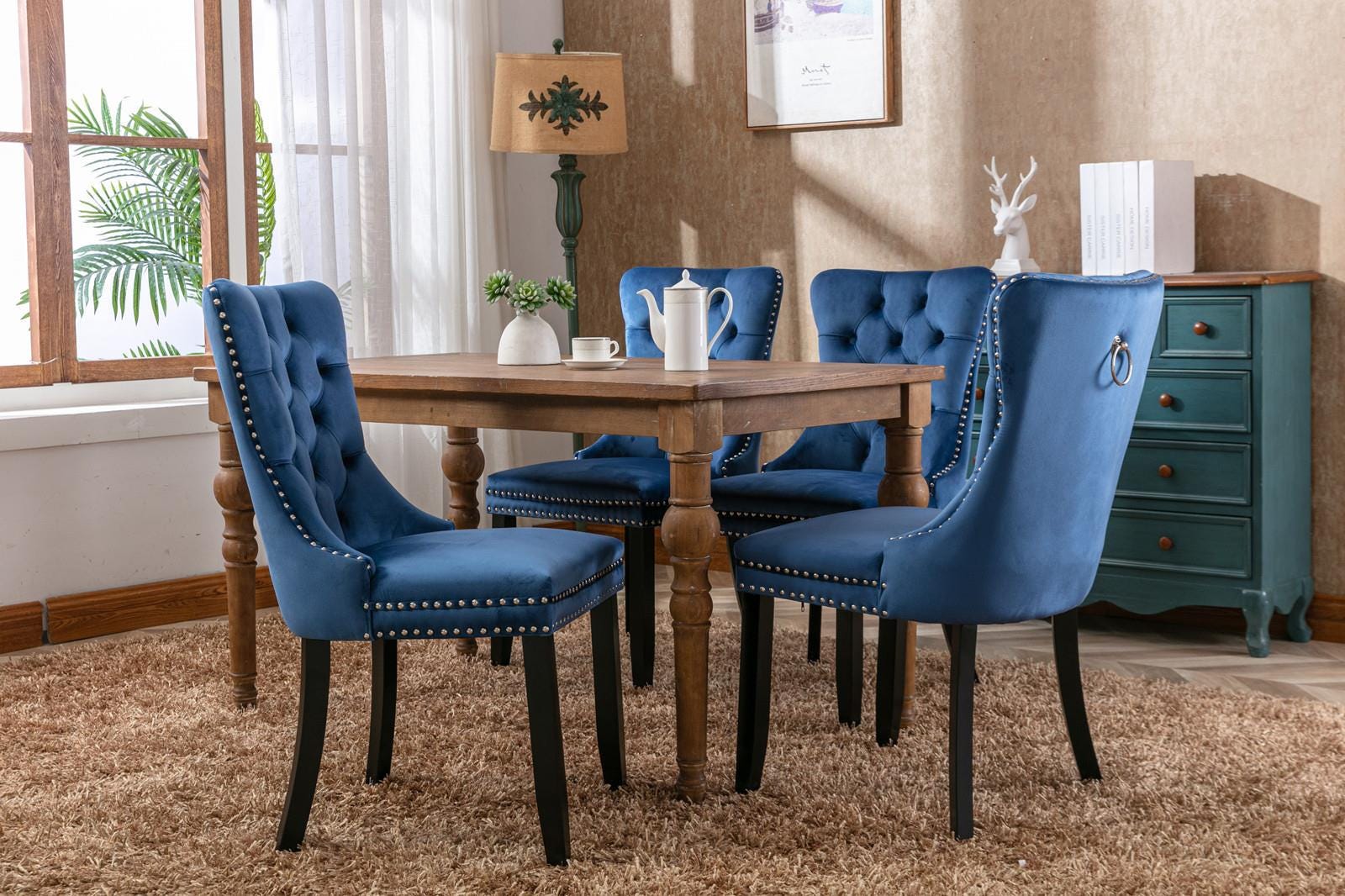 Blue Velvet Chairs Set of 2, Tufted Solid Wood Upholstered Chairs, Nailhead Trim, High-End Modern Contemporary Dining Room