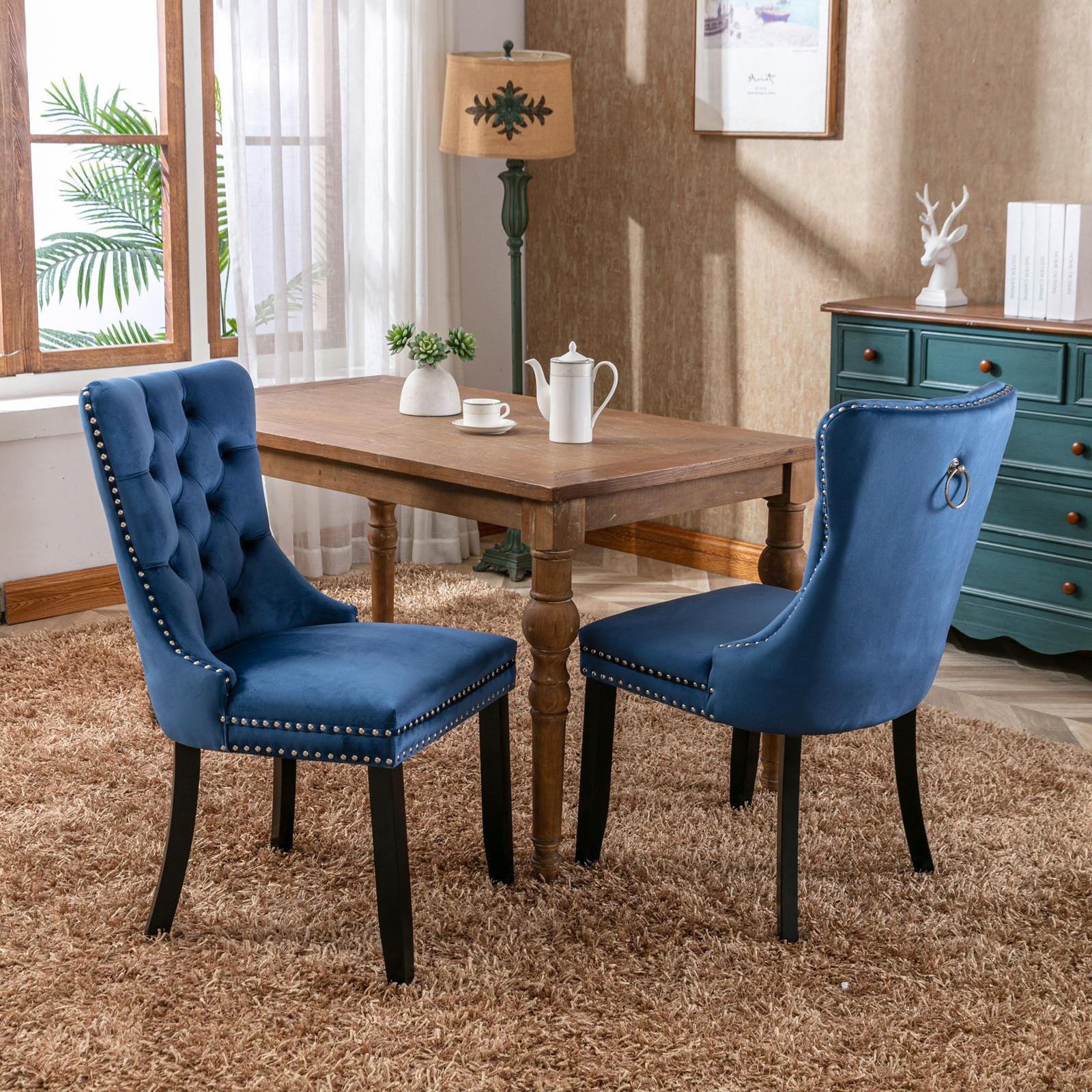 Blue Velvet Chairs Set of 2, Tufted Solid Wood Upholstered Chairs, Nailhead Trim, High-End Modern Contemporary Dining Room