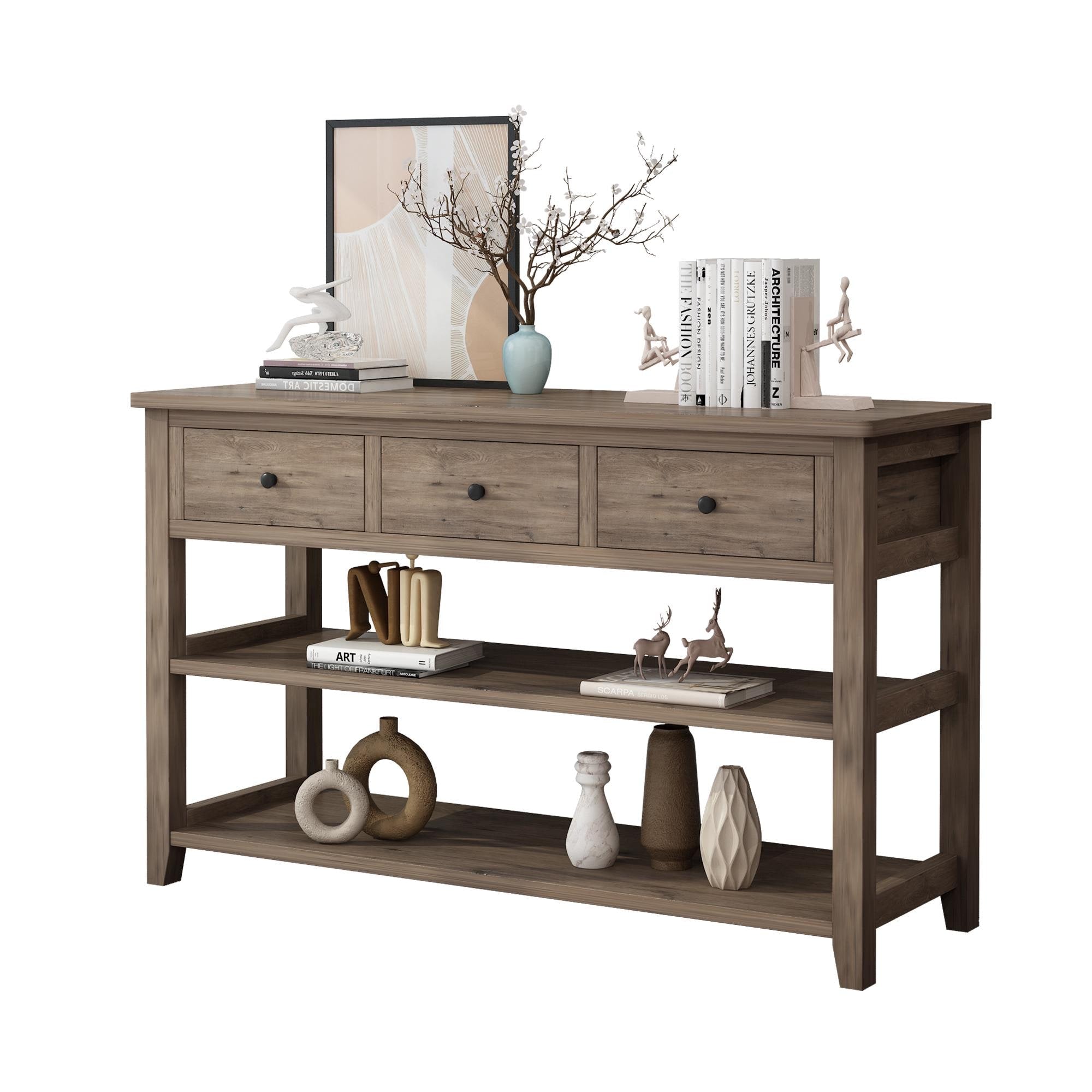 Wash Gray Console Table with 3 Drawers  2 Open Shelves, Sofa Table Entryway Table, Wood Frame Accent Table for Living Room & Bedroom