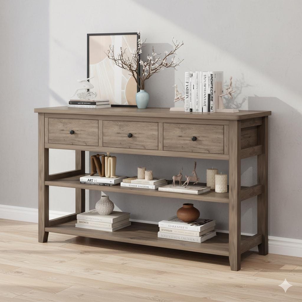 Wash Gray Console Table with 3 Drawers  2 Open Shelves, Sofa Table Entryway Table, Wood Frame Accent Table for Living Room & Bedroom