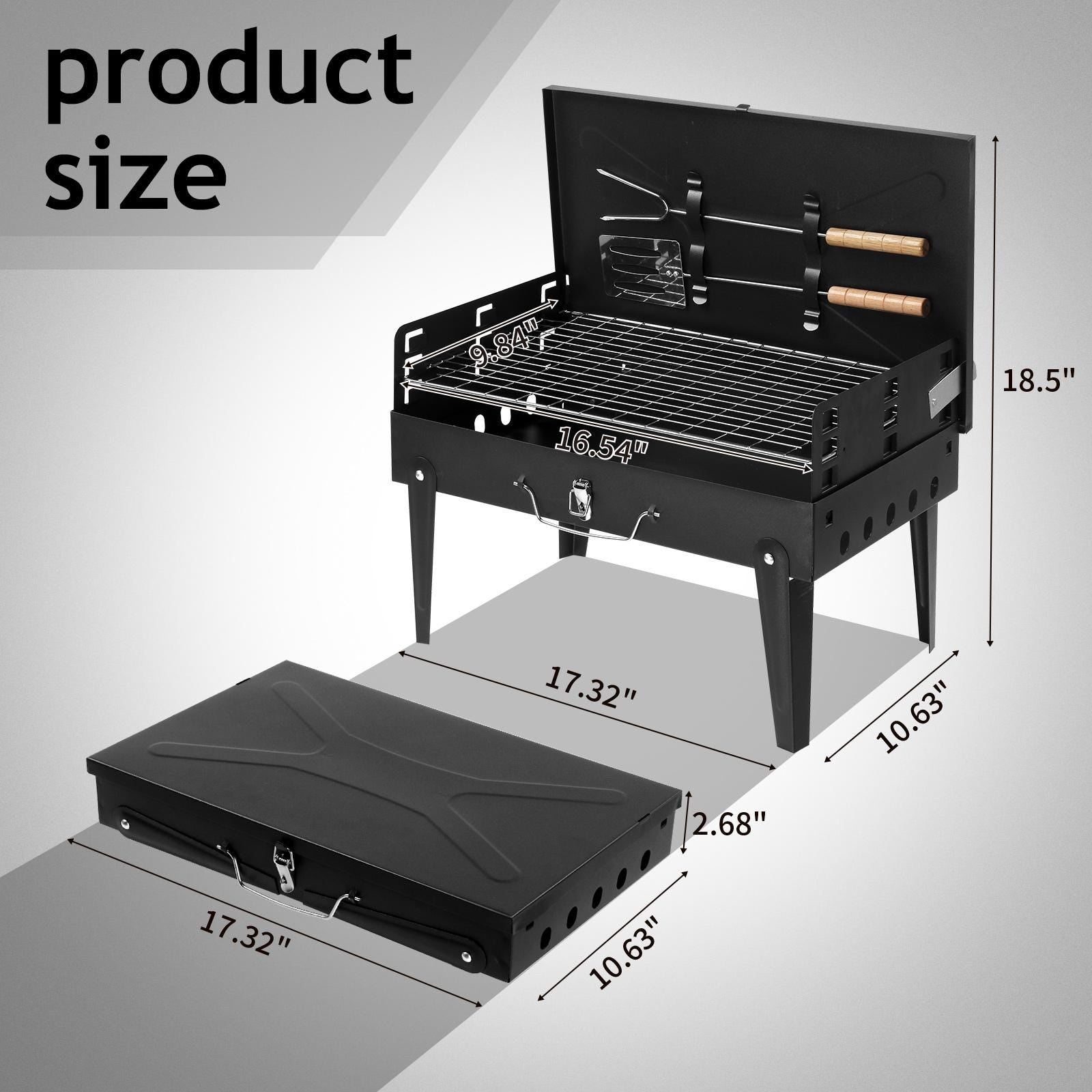 44x27x7cm Portable Charcoal Grill, Folding Outdoor BBQ Grill with Lid, Adjustable Height, Cast Iron Travel, Black