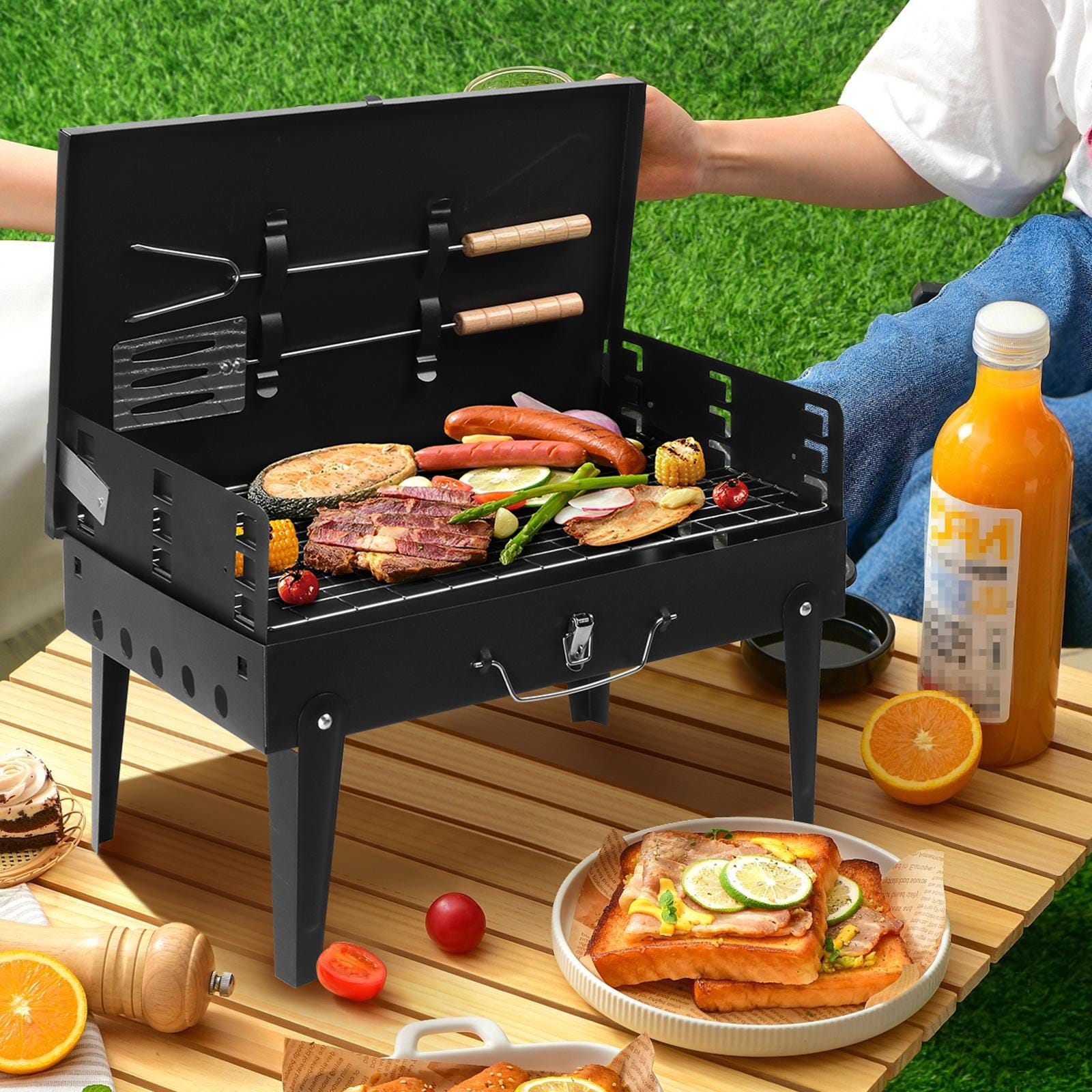 44x27x7cm Portable Charcoal Grill, Folding Outdoor BBQ Grill with Lid, Adjustable Height, Cast Iron Travel, Black
