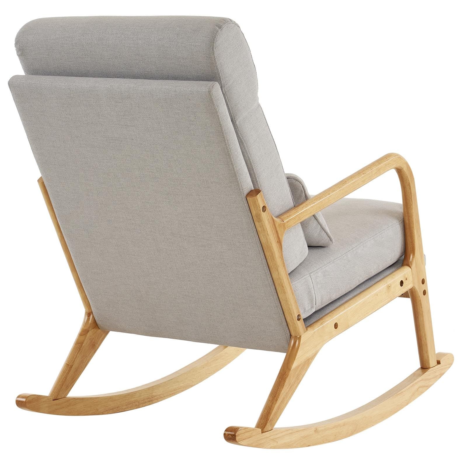 High Back Light Gray Rocking Chair with Solid Wood Armrest, Iron Frame, Linen Upholstered Seat, Dual-Use Indoor Armchair with Lumbar Pillow