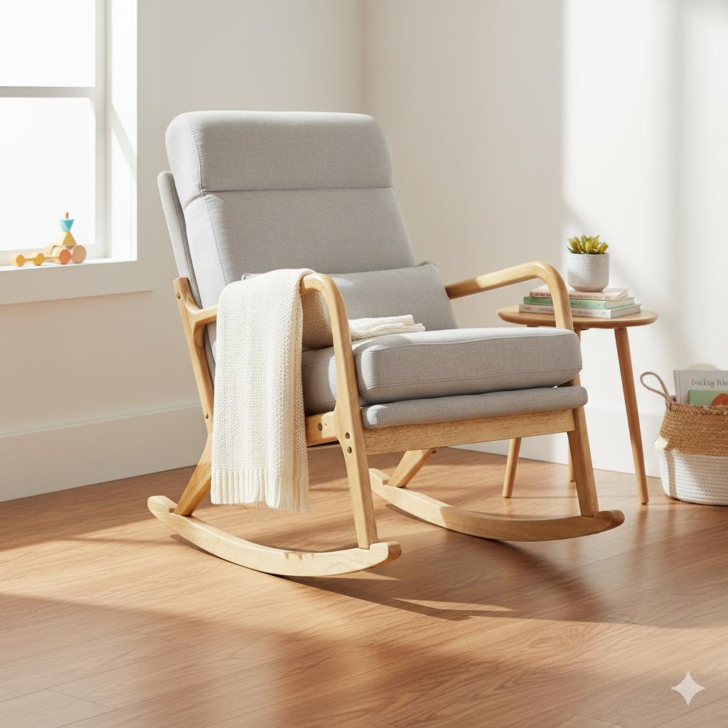 High Back Light Gray Rocking Chair with Solid Wood Armrest, Iron Frame, Linen Upholstered Seat, Dual-Use Indoor Armchair with Lumbar Pillow