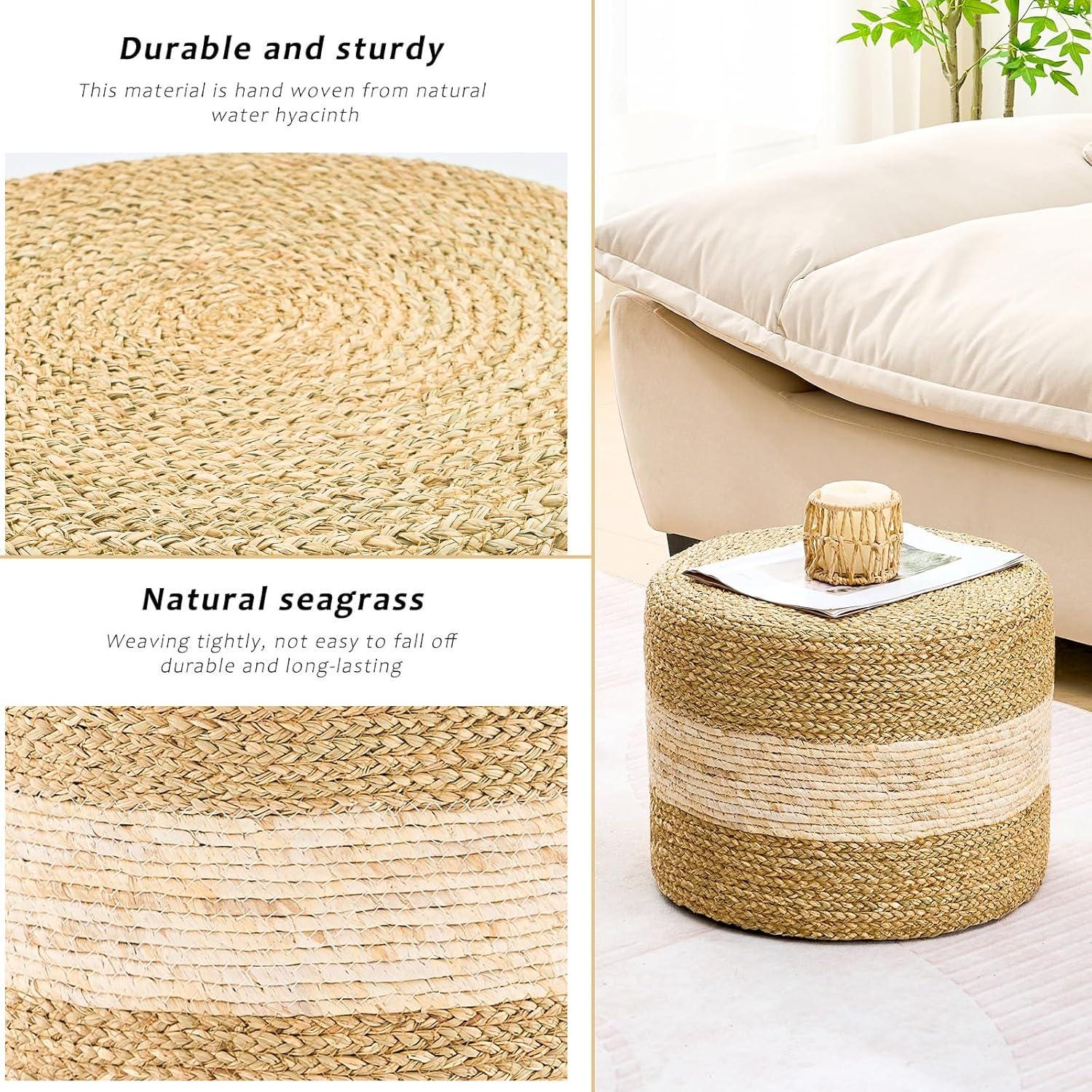 Handmade Woven Seagrass Foot Stool Ottoman Natural Eco-Friendly Home Decor Round Low Seat Rustic Handcrafted Accent Chair