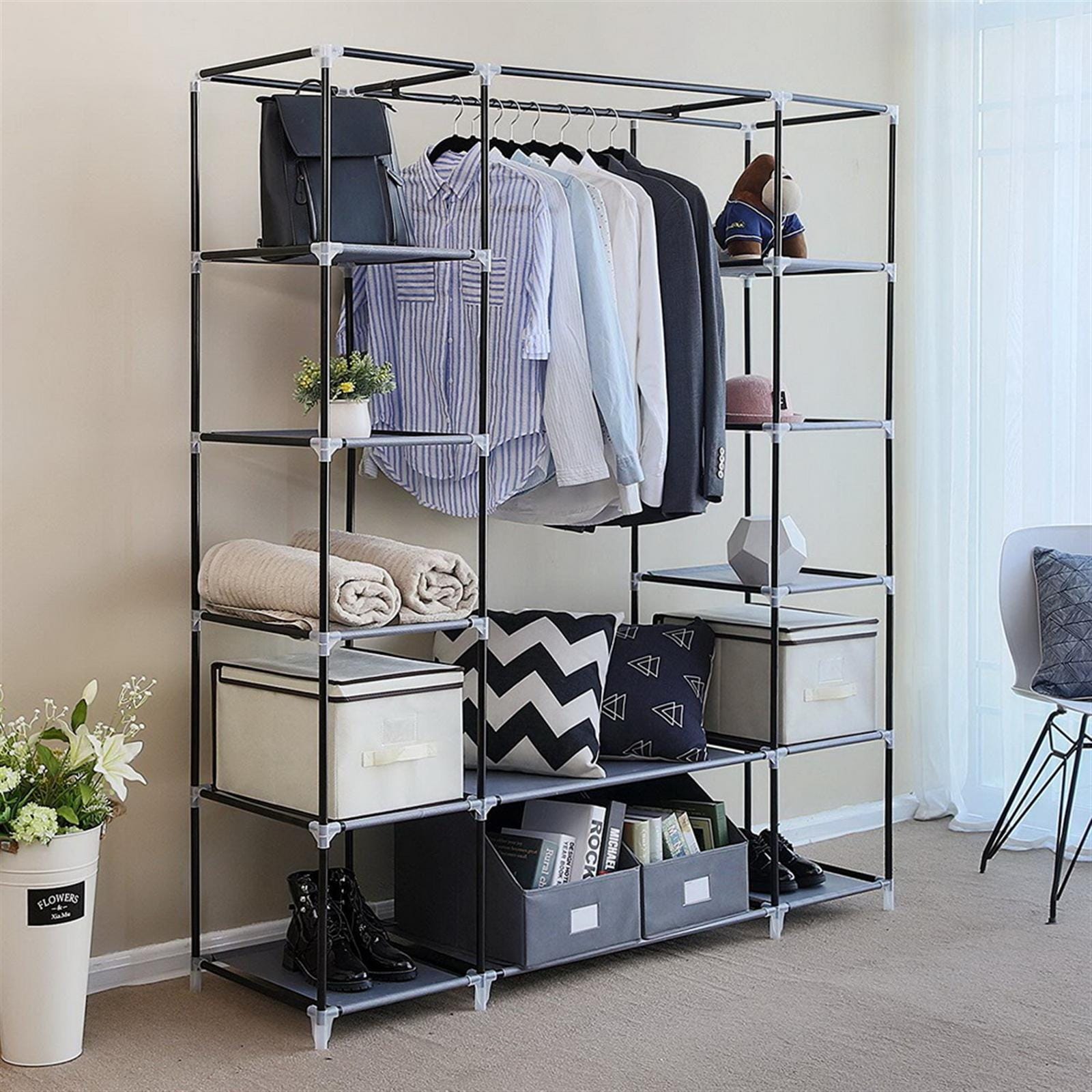 Portable Clothes Closet: 69" Gray Non-Woven Fabric Wardrobe Organizer