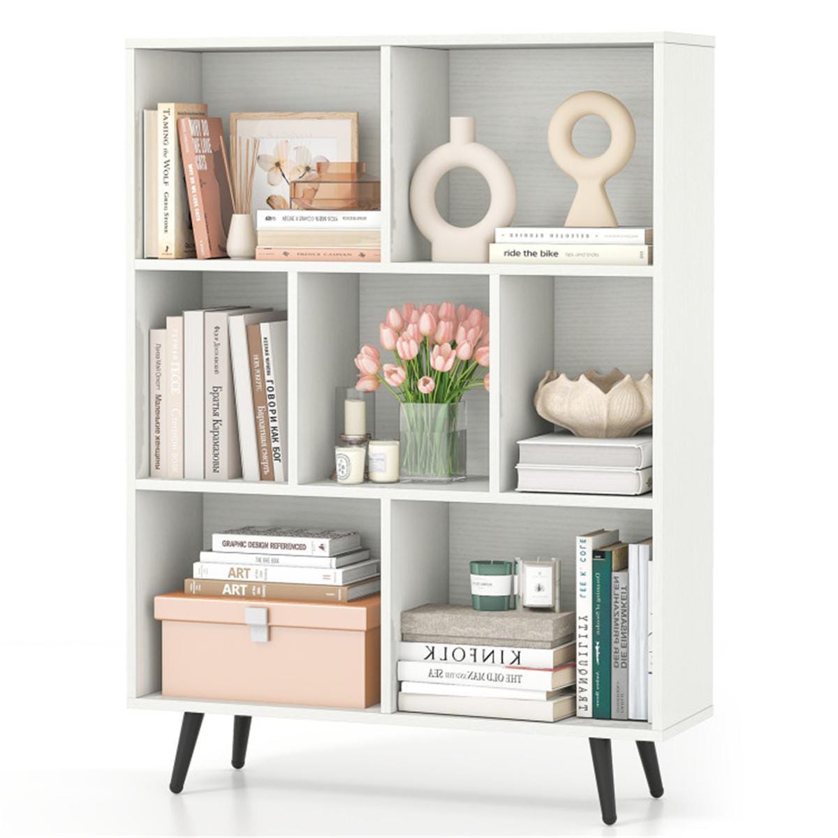 7 Cube 3 Tier Modern Bookcase White Bookshelf Storage Organizer with Metal Legs for Living Room Office Bedroom Home Decor