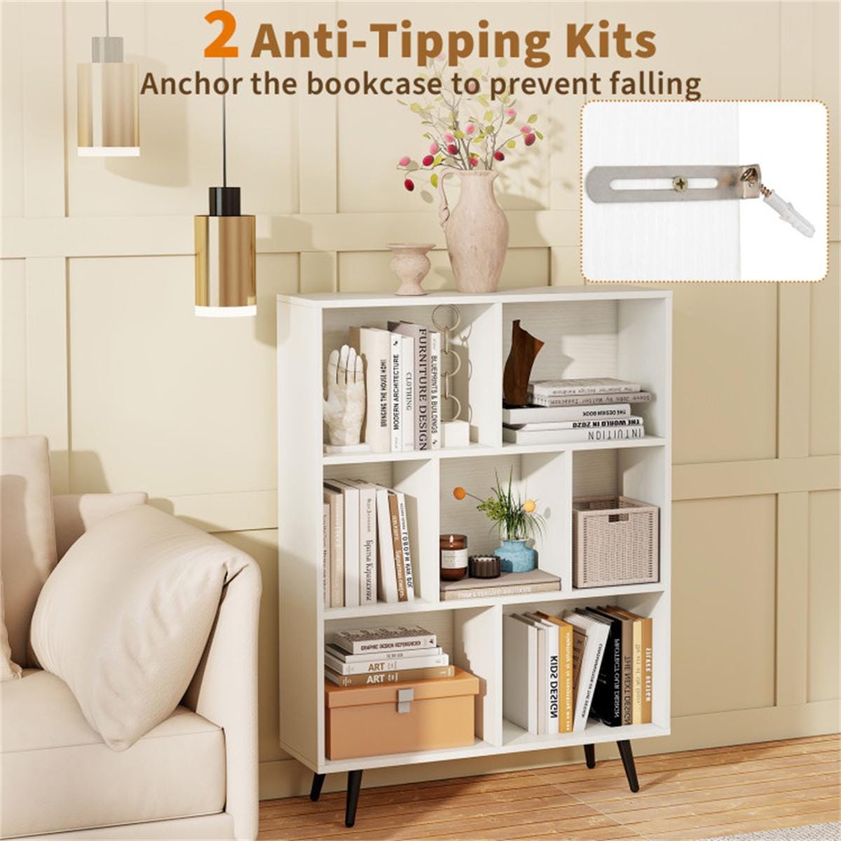 7 Cube 3 Tier Modern Bookcase White Bookshelf Storage Organizer with Metal Legs for Living Room Office Bedroom Home Decor