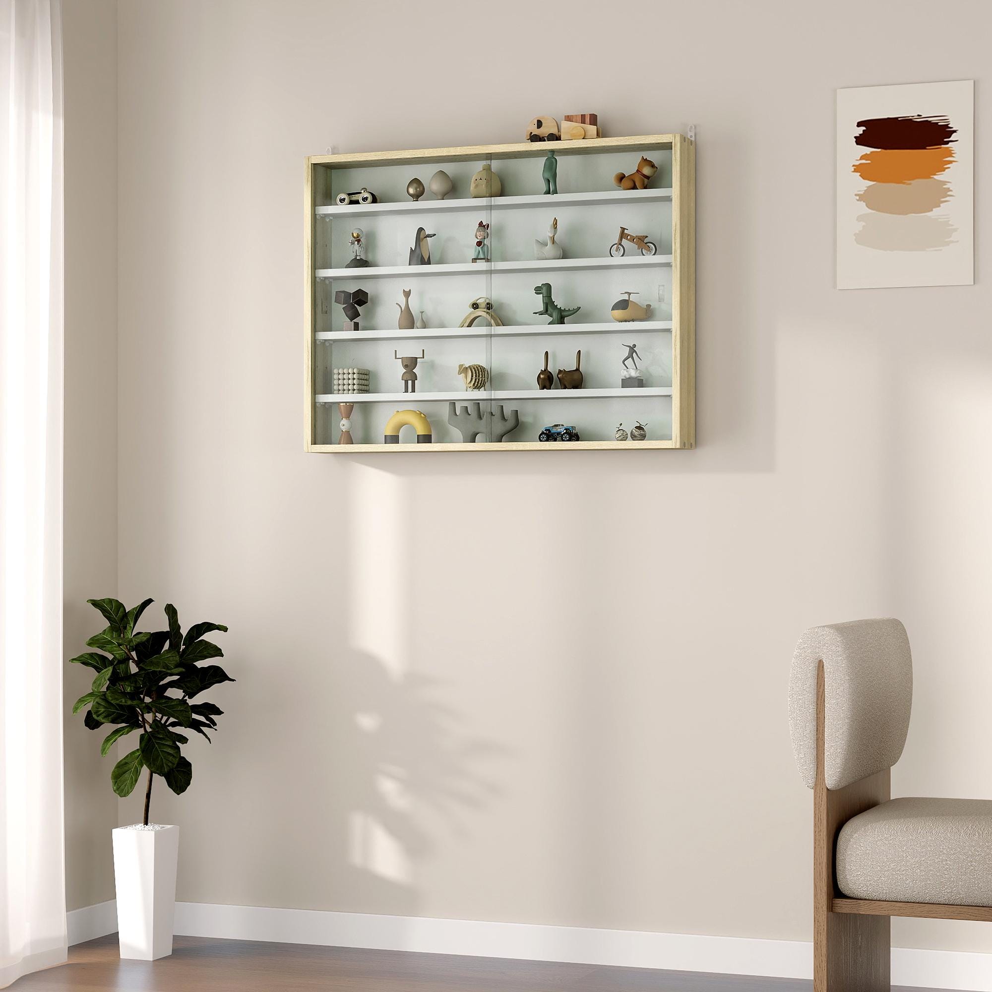 Wall Mounted Display Cabinet with Glass Doors | Modern Oak White Storage Shelf Organizer for Living Room Kitchen Collectibles