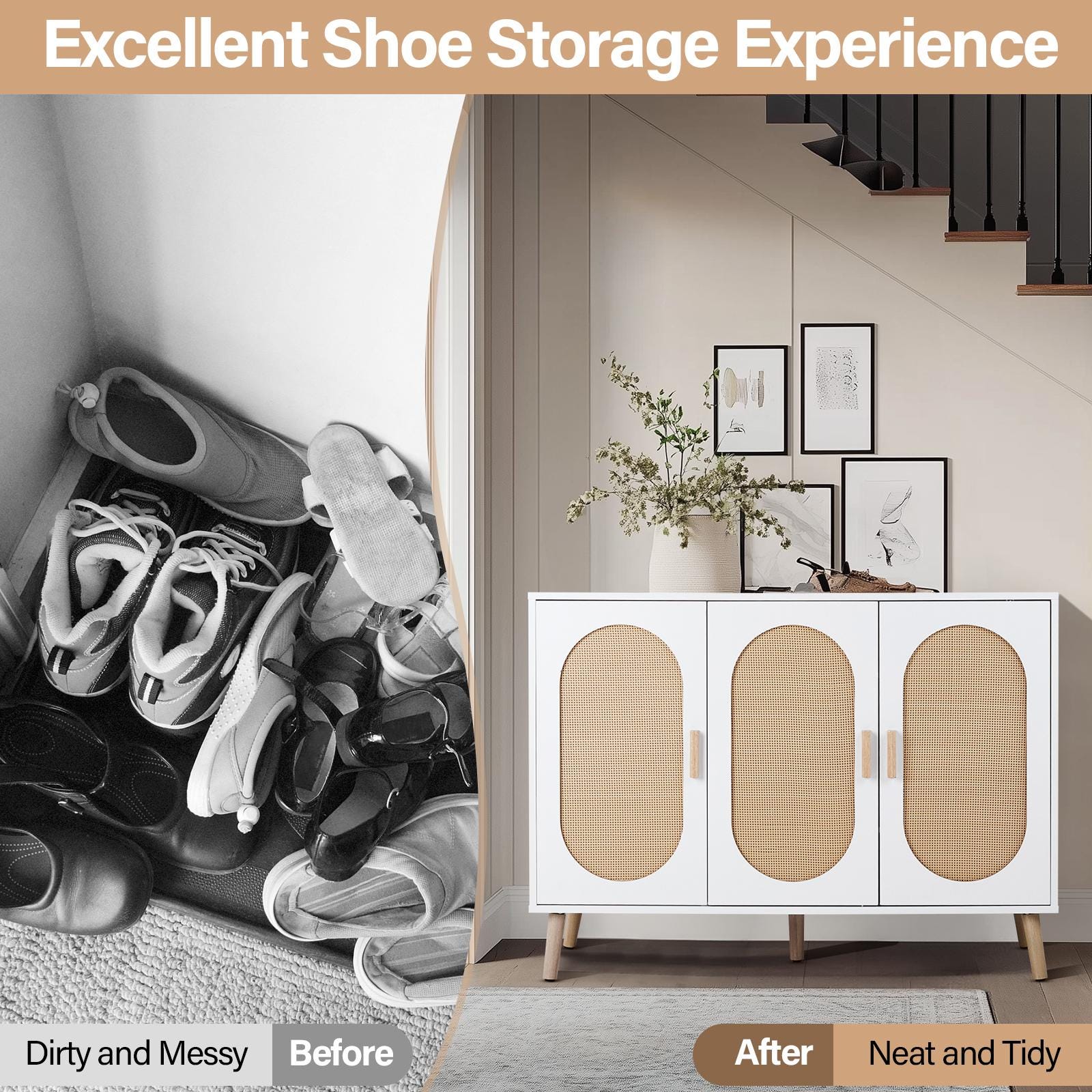 3-Door Vertical Shoe Cabinet with Rattan Finish & Gold Legs – Modern Entryway Organizer