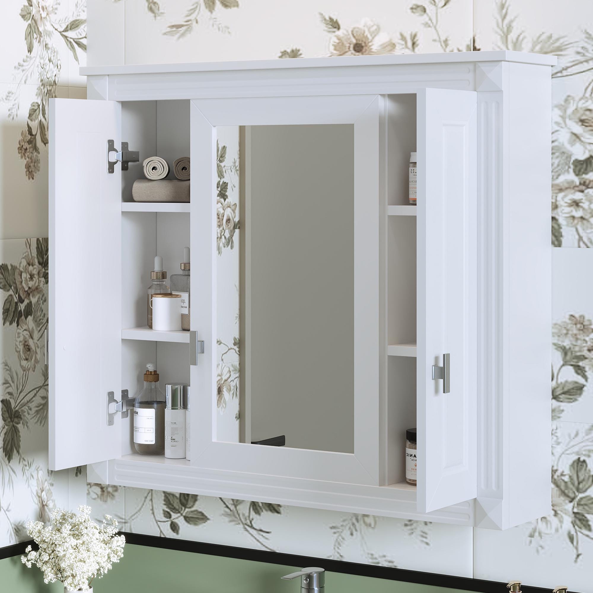 Bathroom Wall Cabinet with Mirror | White Wall Mounted Medicine Cabinet 5 Shelves Over Toilet Storage Organizer Modern MDF