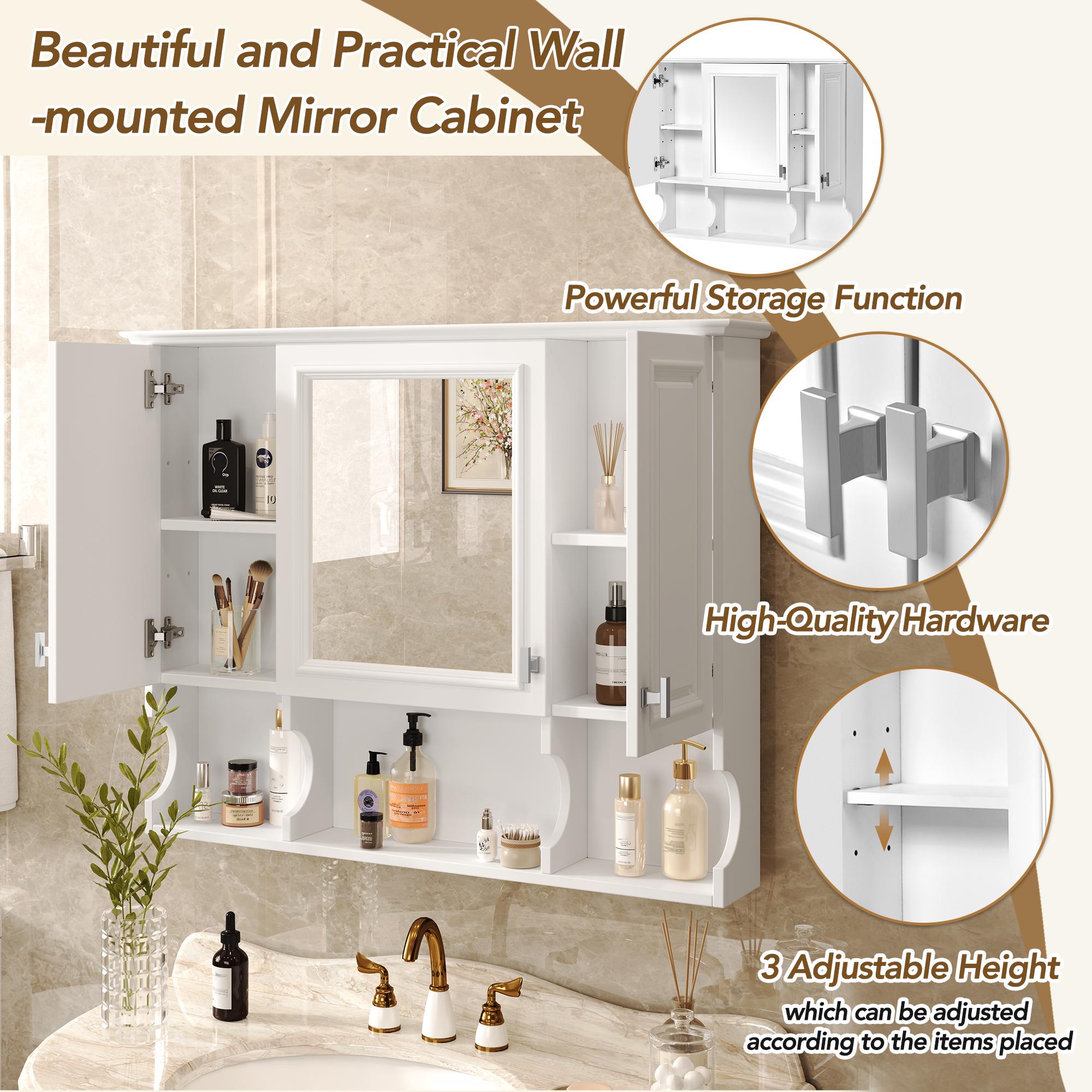 35x28 Wall Mounted Bathroom Medicine Cabinet with Mirror & Open Shelves | White MDF Modern Vanity Mirror Cabinet Storage Organizer