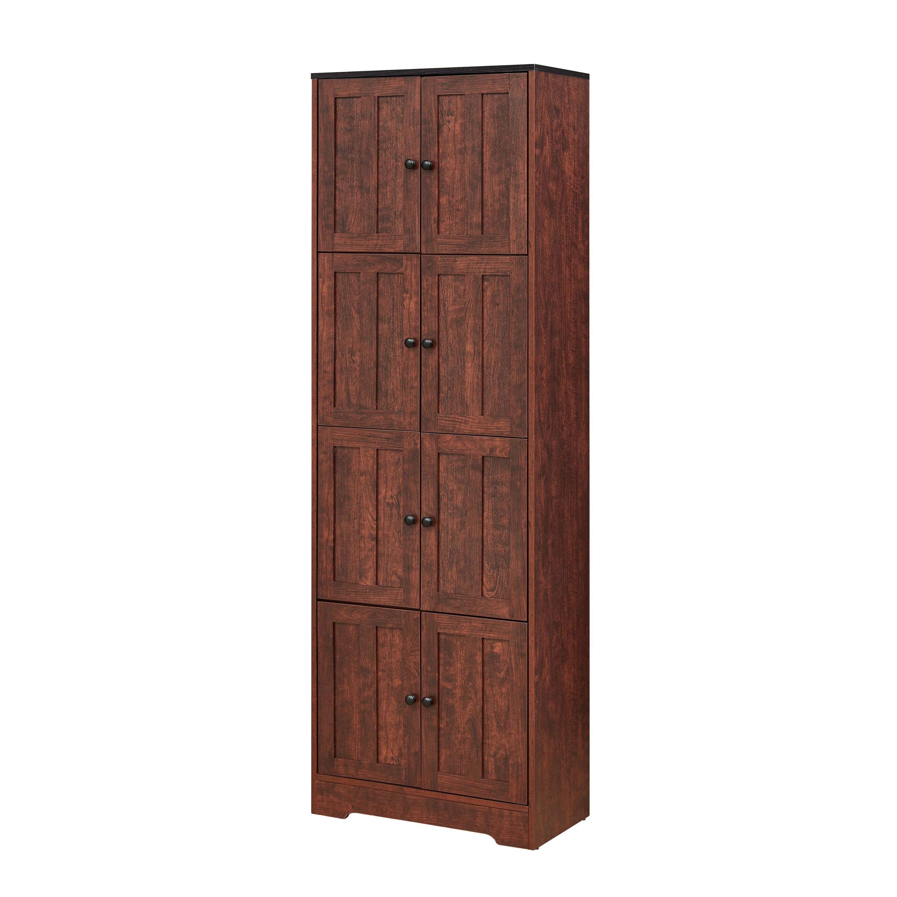 Tall Storage Cabinet 8 Doors 4 Shelves | Walnut Wood Pantry Organizer for Living Room Kitchen Office Bathroom Bedroom Furniture