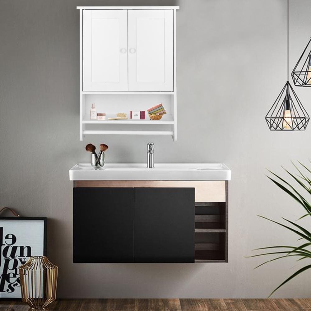 White Wall Hanging Bathroom Cabinet 65x48cm | Two-Door MDF Wall Storage Shelf with Open Space for Washroom or Bedroom Organization