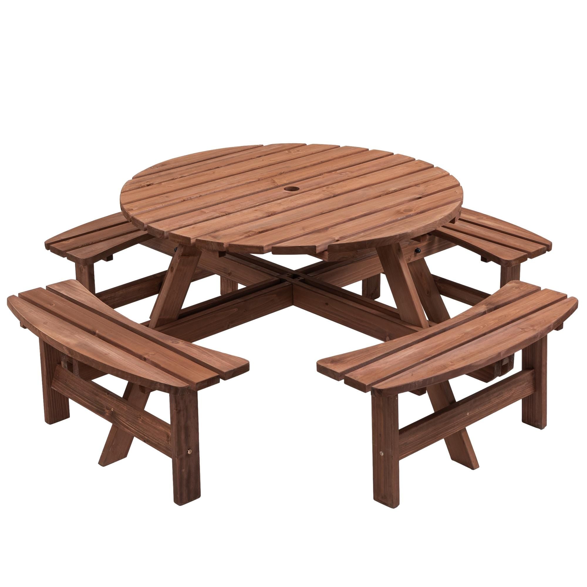 8-Person Outdoor Circular Wooden Picnic Table with 4 Built-In Benches | Patio Backyard Garden Dining Table Brown