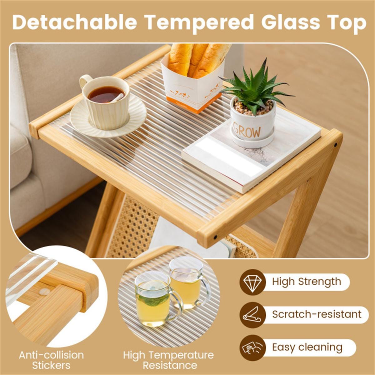 Modern Bamboo Z-Shape Side Table with Glass Top & Rattan Shelf | Small Sofa End Table | Boho Bedside Nightstand for Living Room