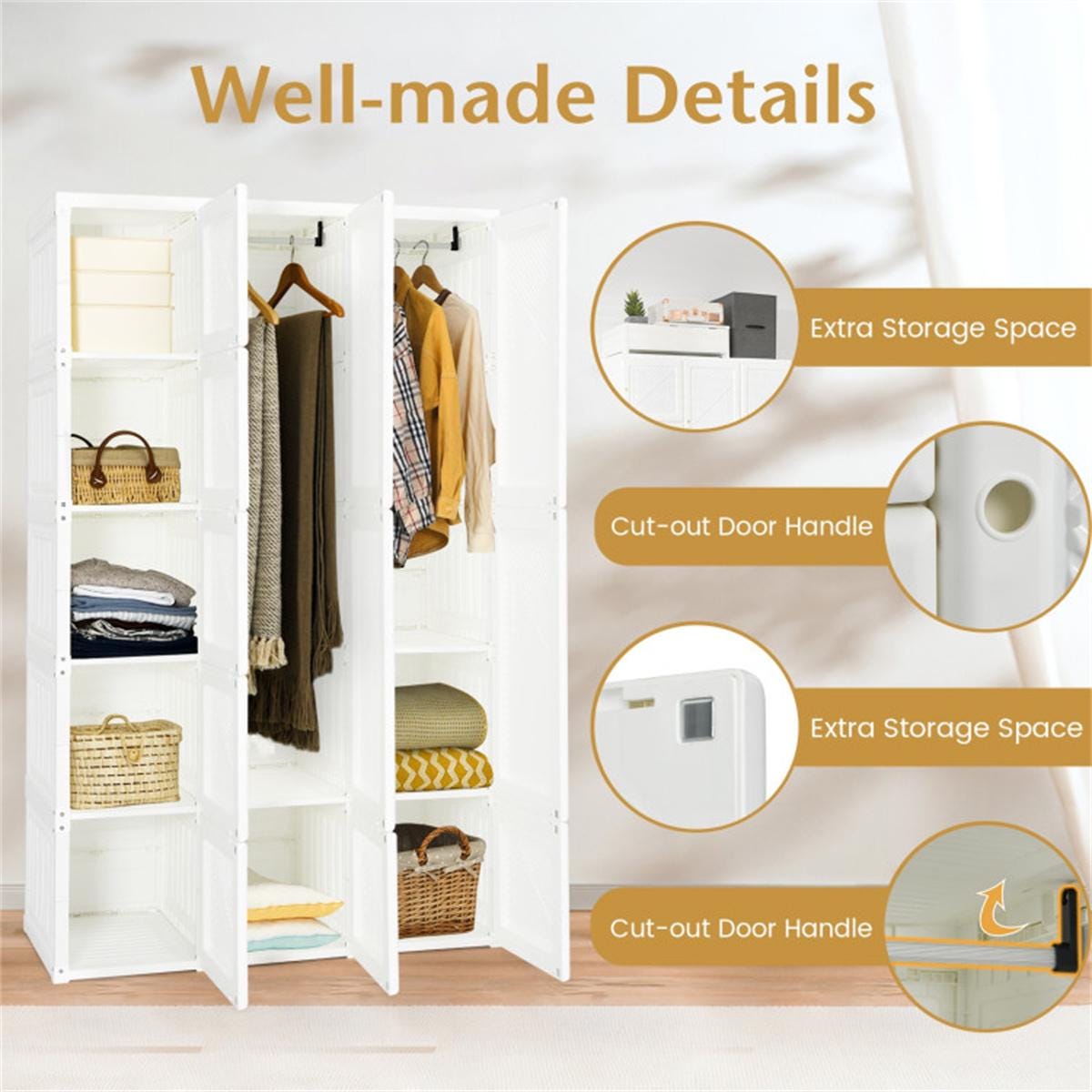 Portable Closet Wardrobe with 10 Cubes | Foldable Modern Armoire Storage Organizer for Clothes, Bedroom, Nursery, Living Room
