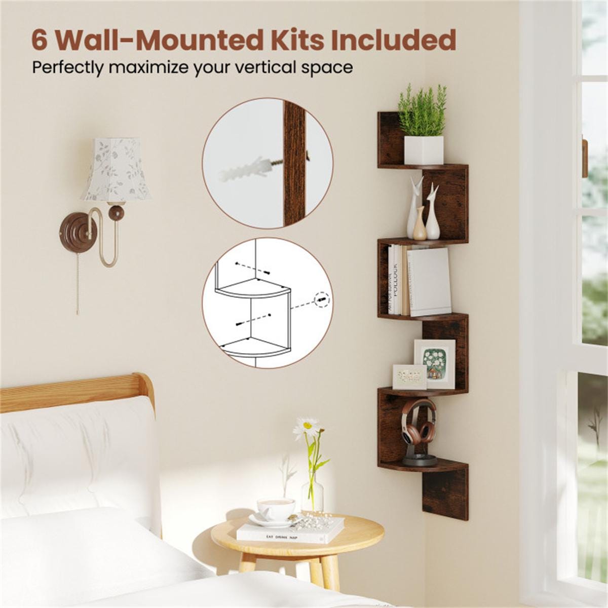 5-Tier Wall Mounted Corner Shelf Rustic Brown | Floating Bookshelf Organizer for Living Room, Bedroom, Kitchen, Office Storage