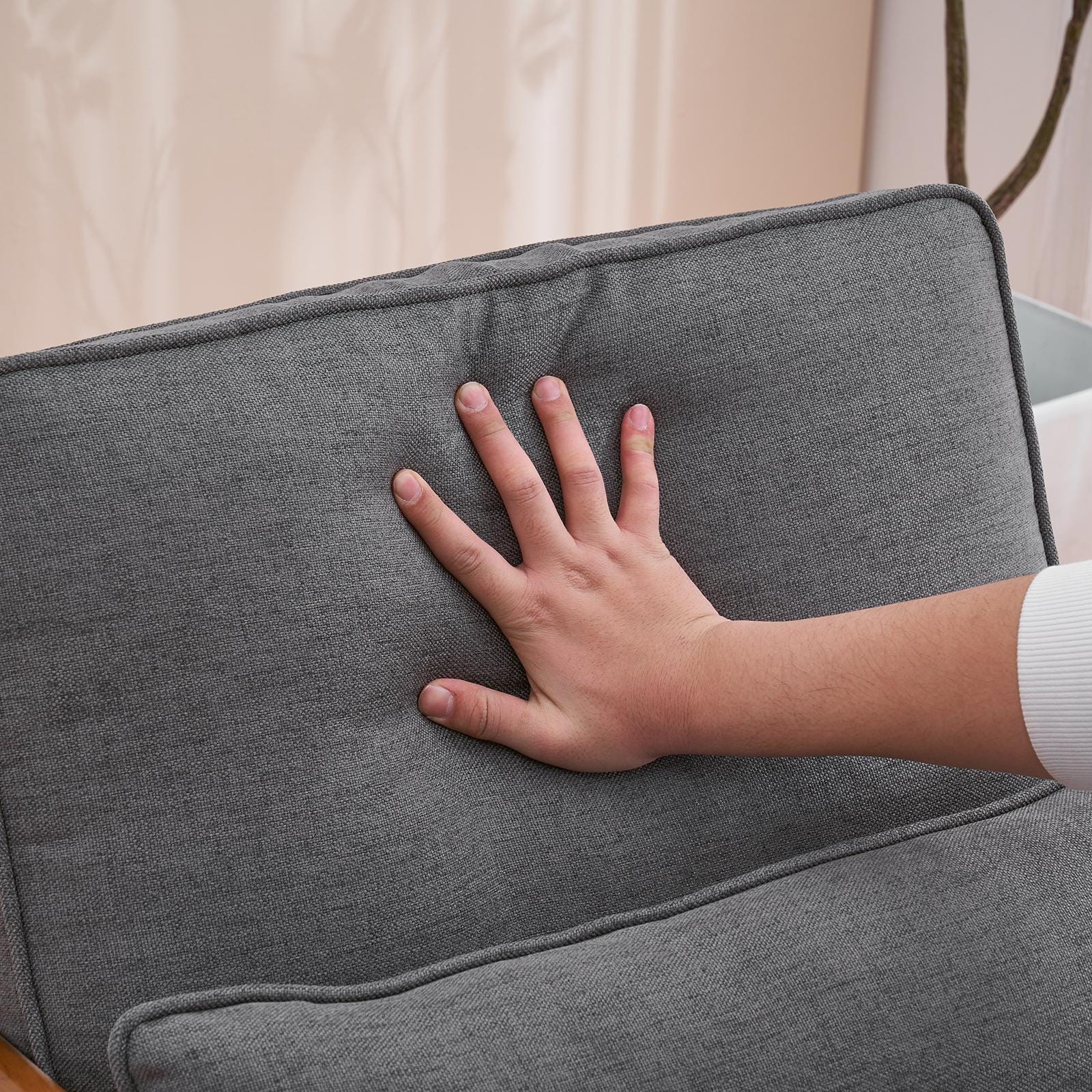 Oak Armrest Lounge Chair: Dark Grey Upholstered Mid-Century Modern Style