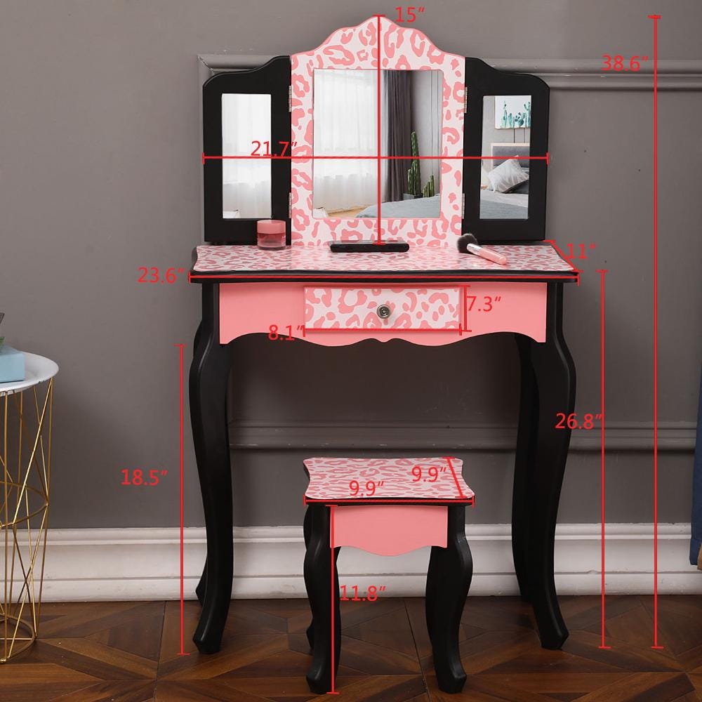 Red Leopard Print Kids Vanity Table with Tri-Fold Mirror