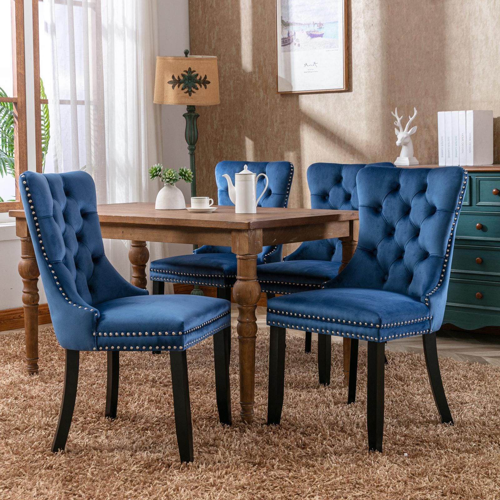Blue Velvet Chairs Set of 2, Tufted Solid Wood Upholstered Chairs, Nailhead Trim, High-End Modern Contemporary Dining Room
