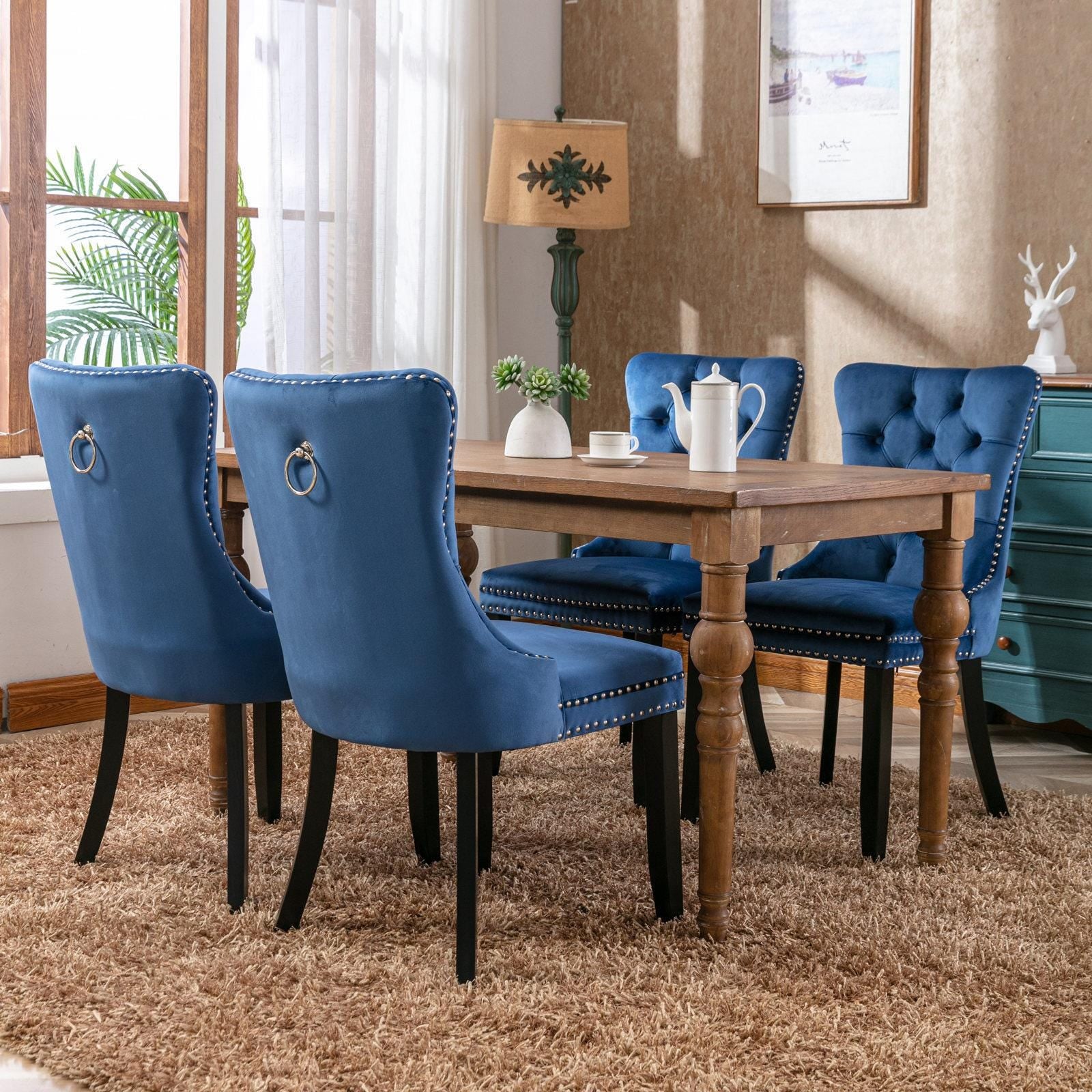 Blue Velvet Chairs Set of 2, Tufted Solid Wood Upholstered Chairs, Nailhead Trim, High-End Modern Contemporary Dining Room