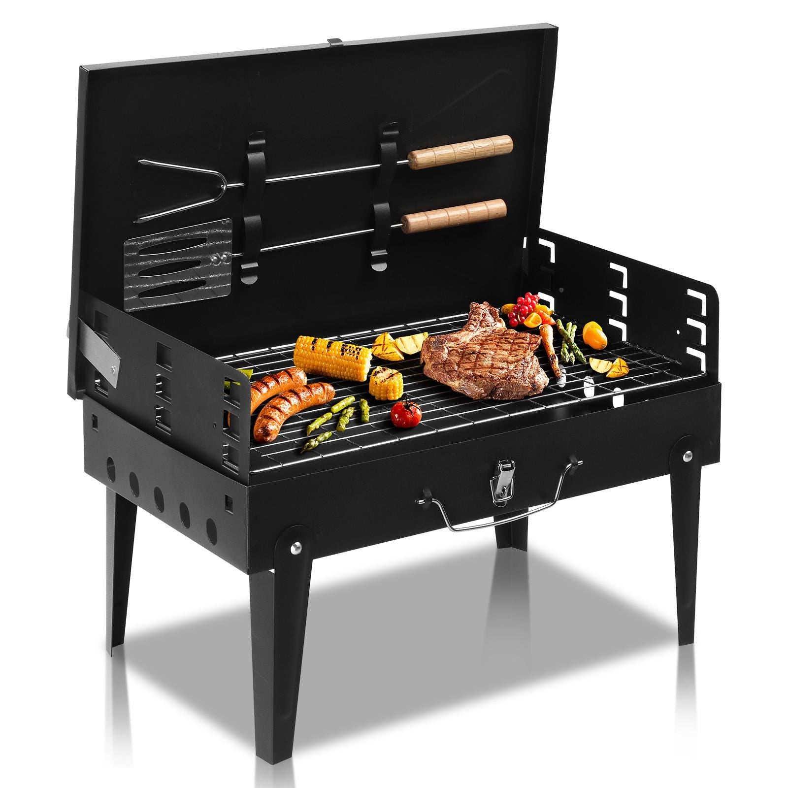 44x27x7cm Portable Charcoal Grill, Folding Outdoor BBQ Grill with Lid, Adjustable Height, Cast Iron Travel, Black