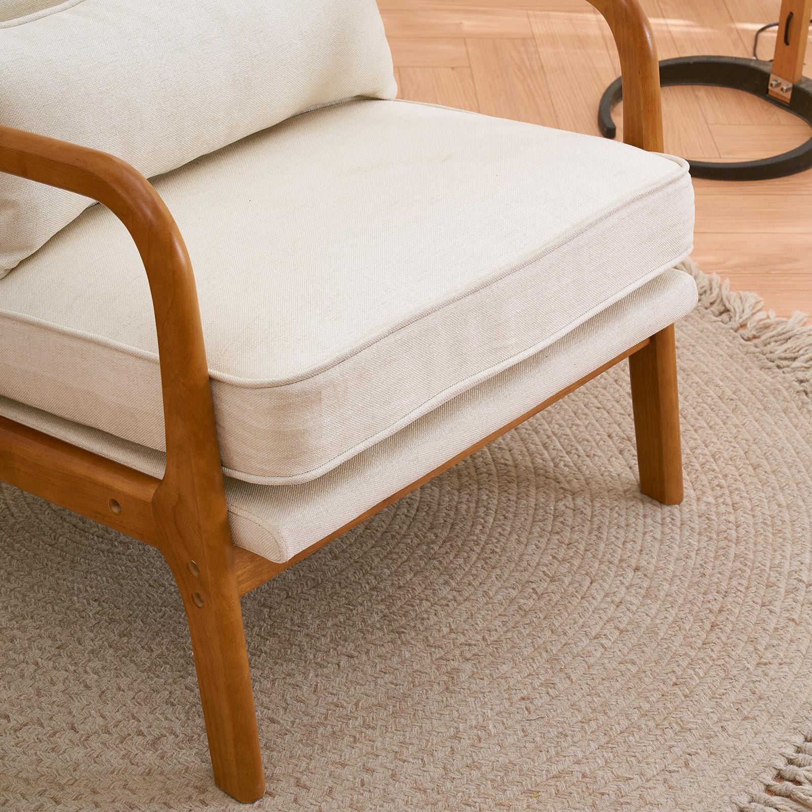 Off-White Linen Lounge Chair, Oak Armrest, Mid-Century Modern Accent