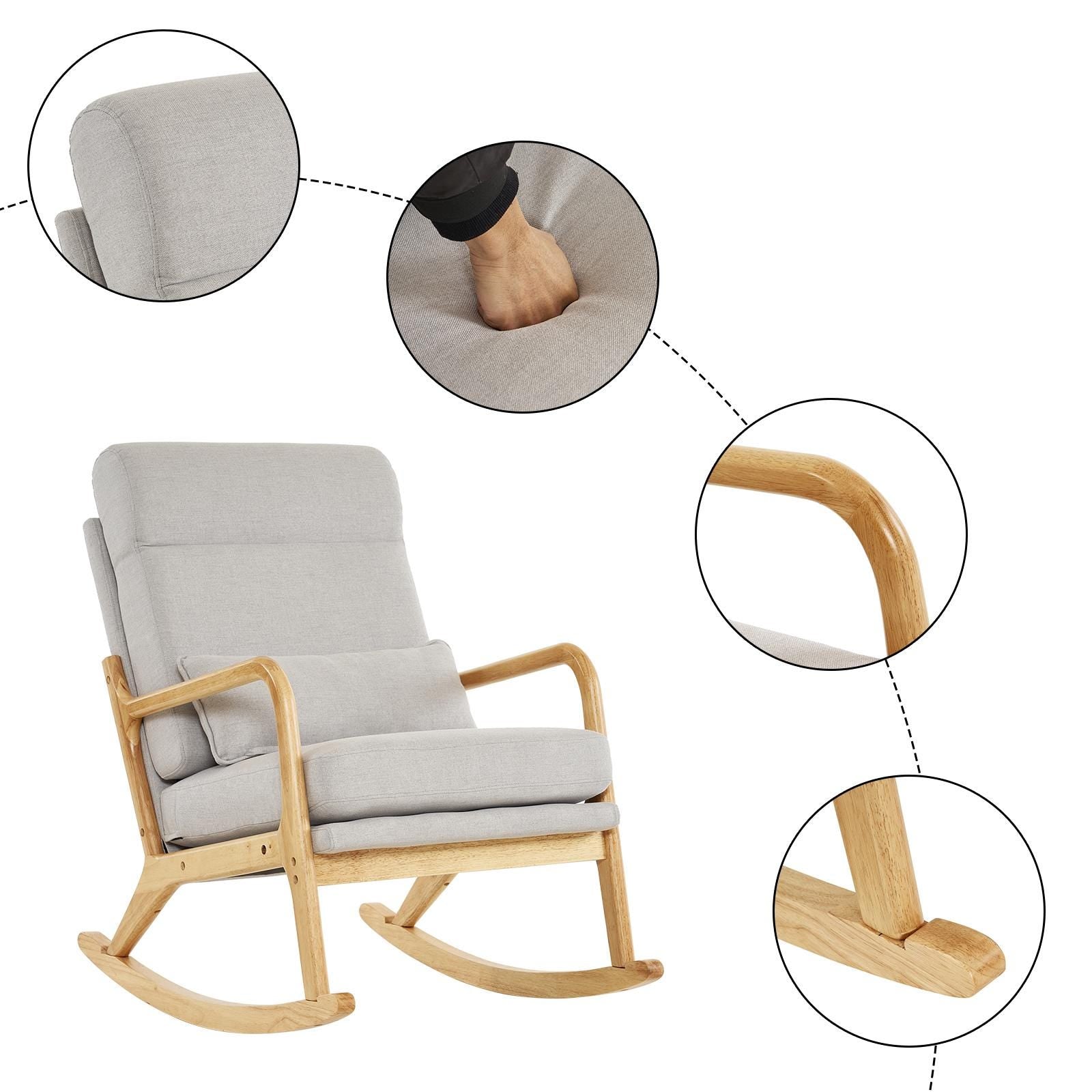 High Back Light Gray Rocking Chair with Solid Wood Armrest, Iron Frame, Linen Upholstered Seat, Dual-Use Indoor Armchair with Lumbar Pillow