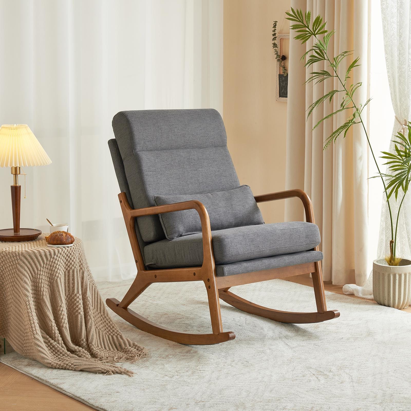 High Back Dark Gray Rocking with Solid Wood Armrest, Iron Frame, Linen Upholstered Seat, Dual-Use Indoor Armchair with Lumbar Pillow