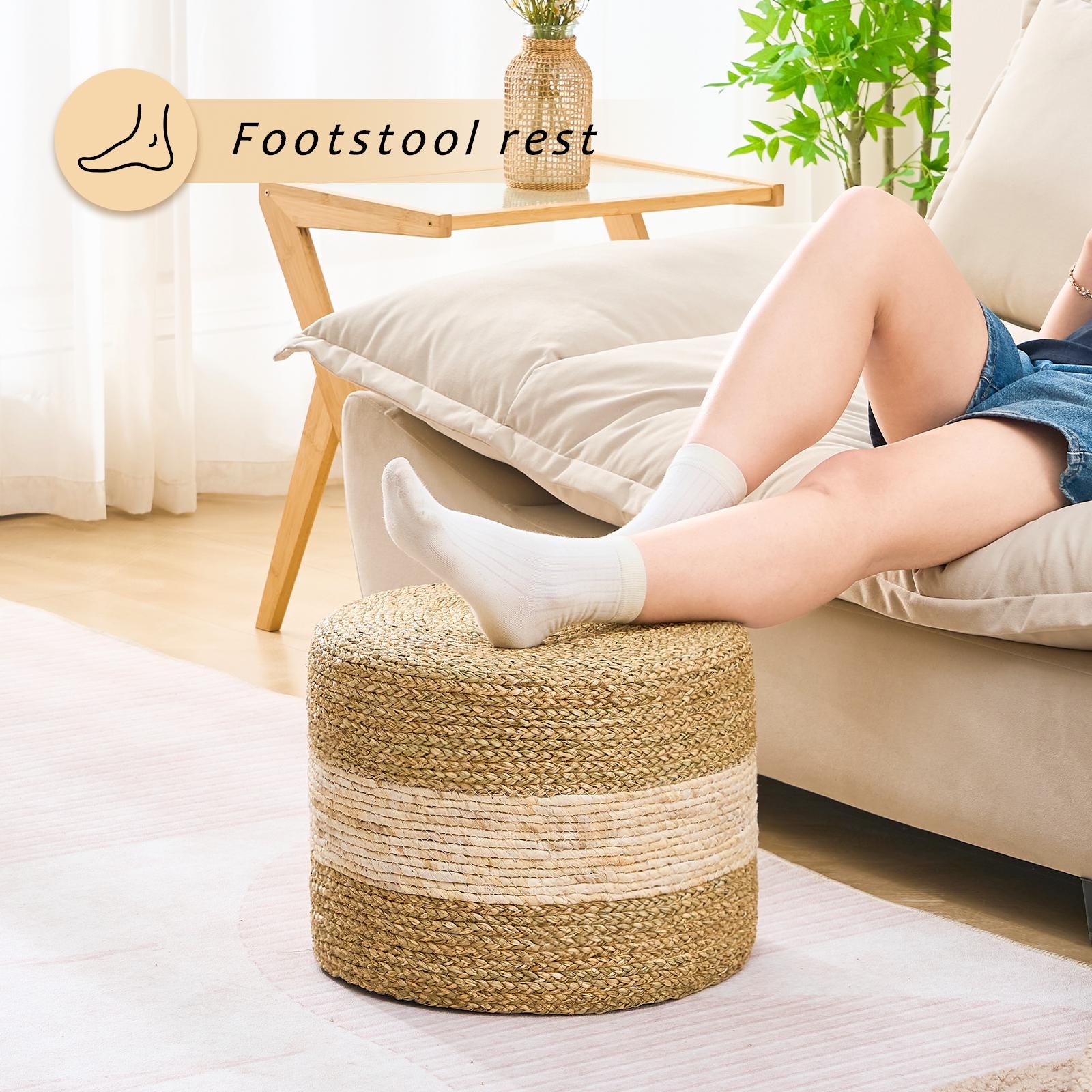 Handmade Woven Seagrass Foot Stool Ottoman Natural Eco-Friendly Home Decor Round Low Seat Rustic Handcrafted Accent Chair