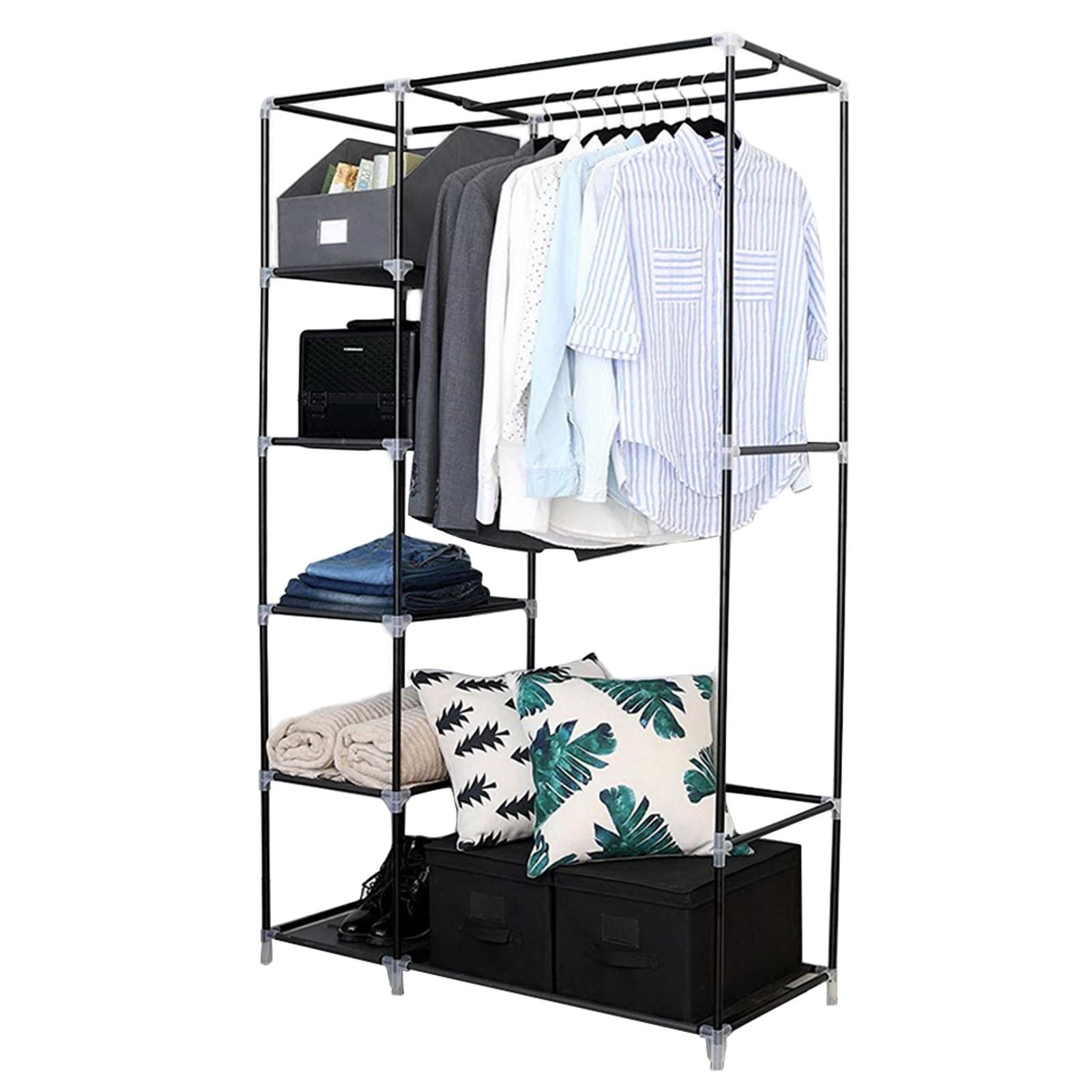 64" Portable Clothes Closet Wardrobe Storage Organizer Non-Woven Fabric Black Home Closet Shelves Dustproof Easy Assembly