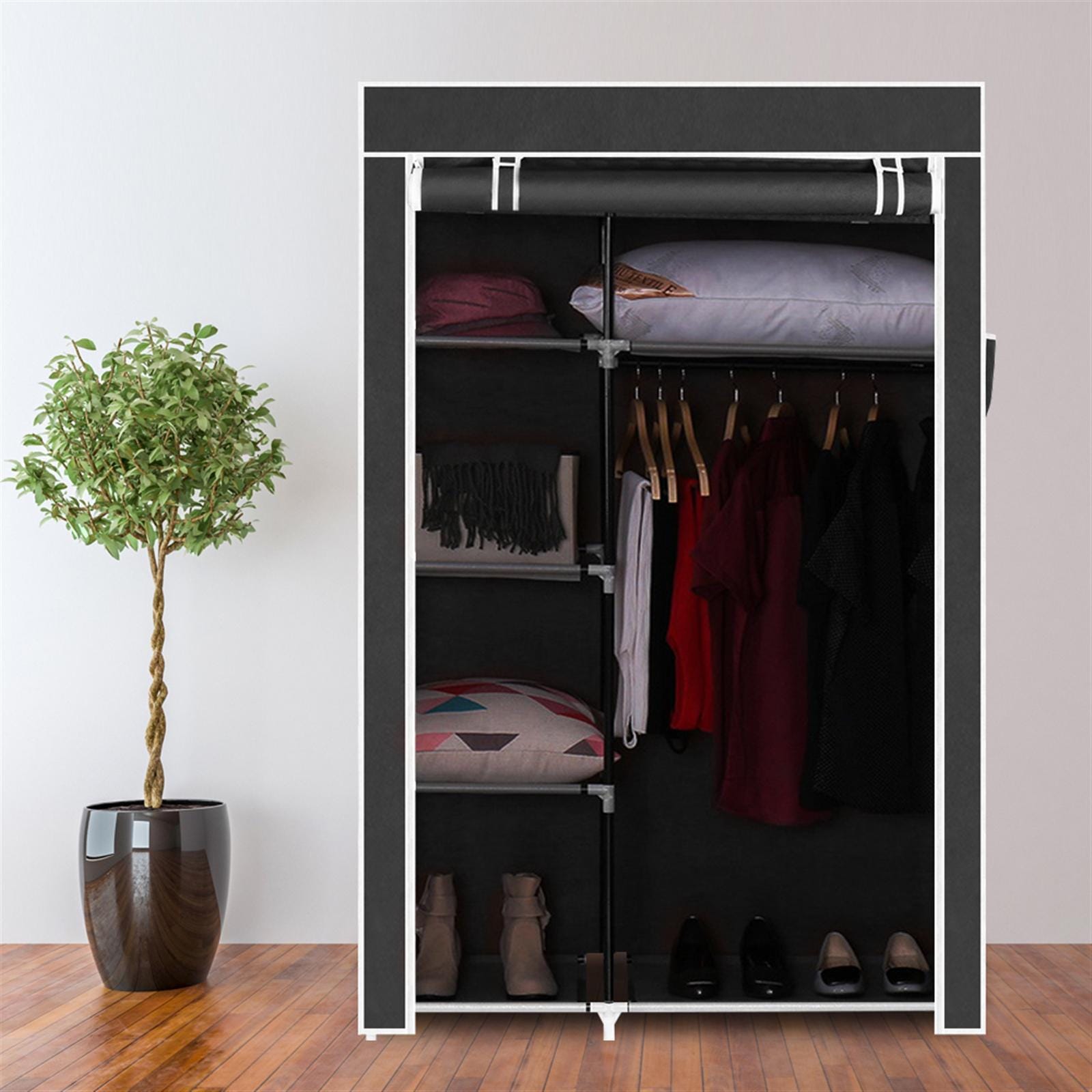 64" Portable Clothes Closet Wardrobe Storage Organizer Non-Woven Fabric Black Home Closet Shelves Dustproof Easy Assembly