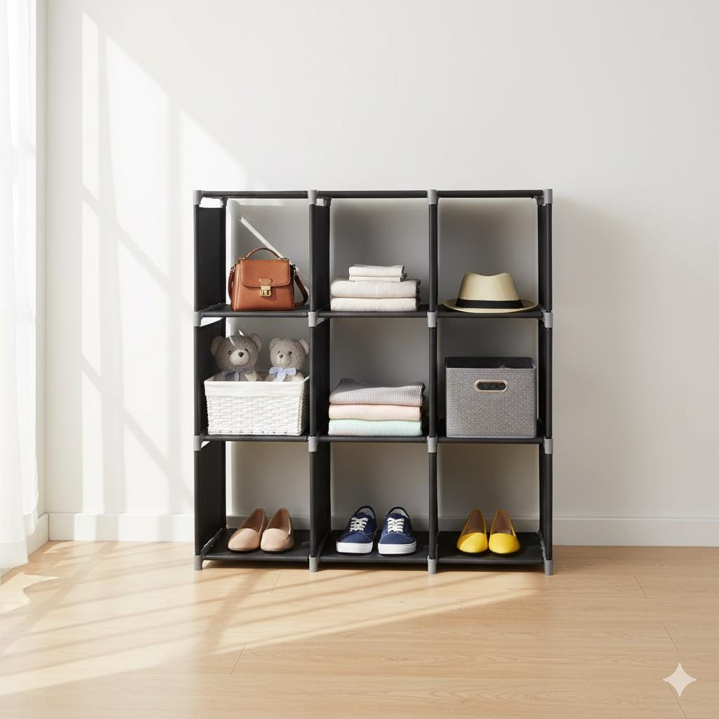 3-Tier 9-Cube Storage Shelf Black | Multifunctional Closet Organizer Rack for Bathroom Bedroom Office