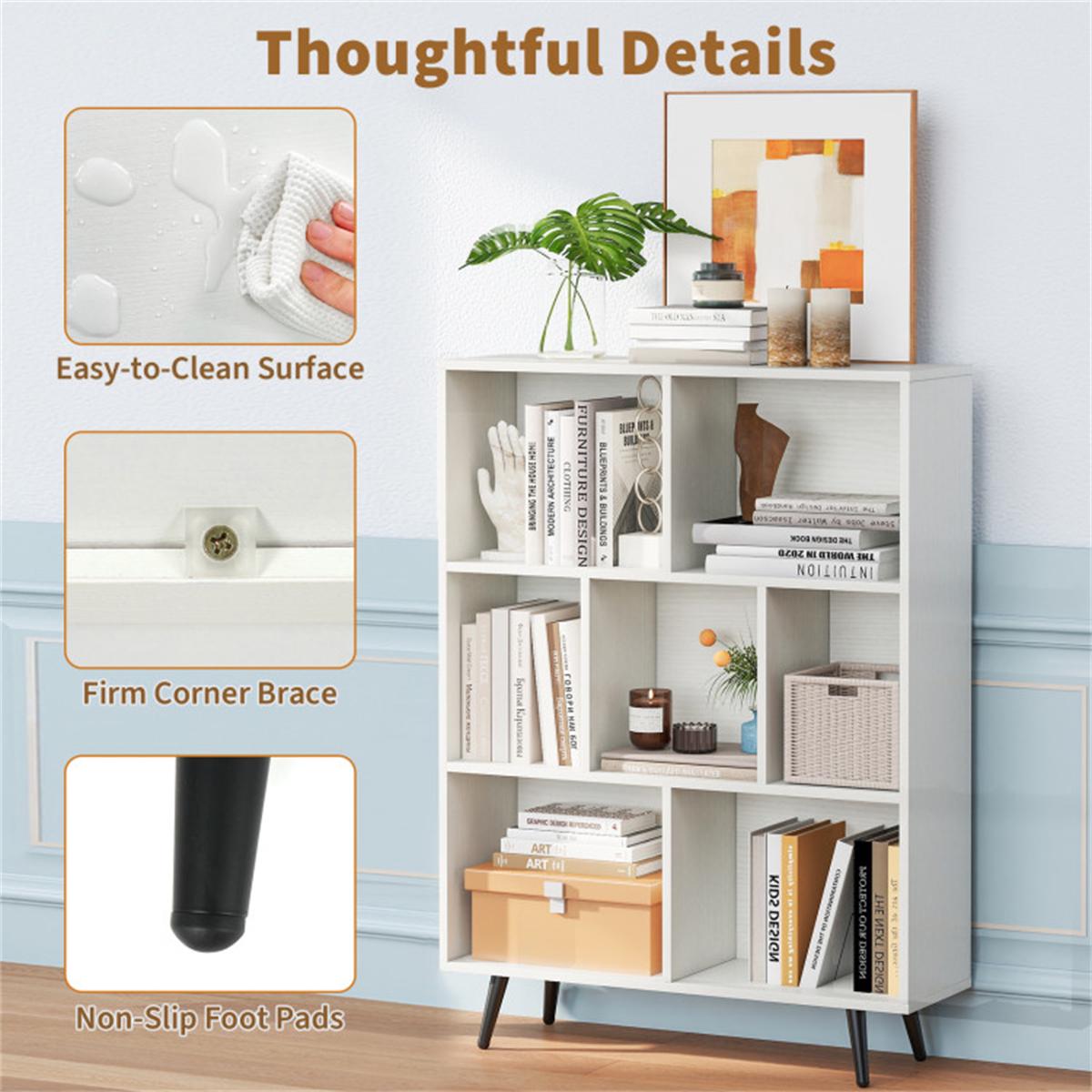 7 Cube 3 Tier Modern Bookcase White Bookshelf Storage Organizer with Metal Legs for Living Room Office Bedroom Home Decor