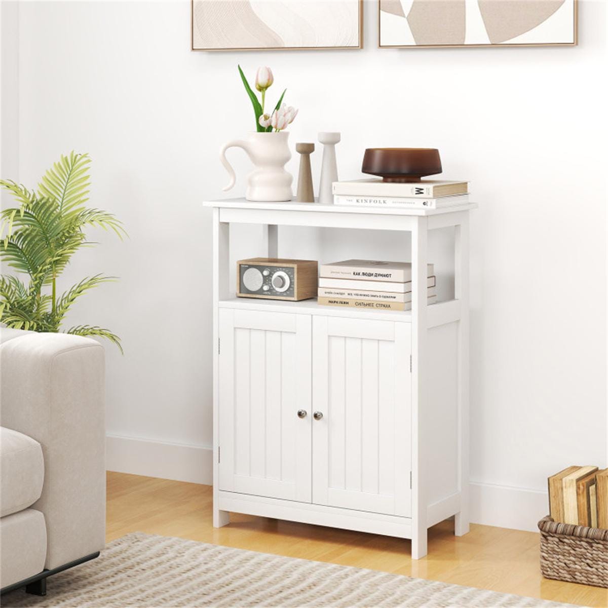 White MDF Bathroom Floor Cabinet with Adjustable Shelves