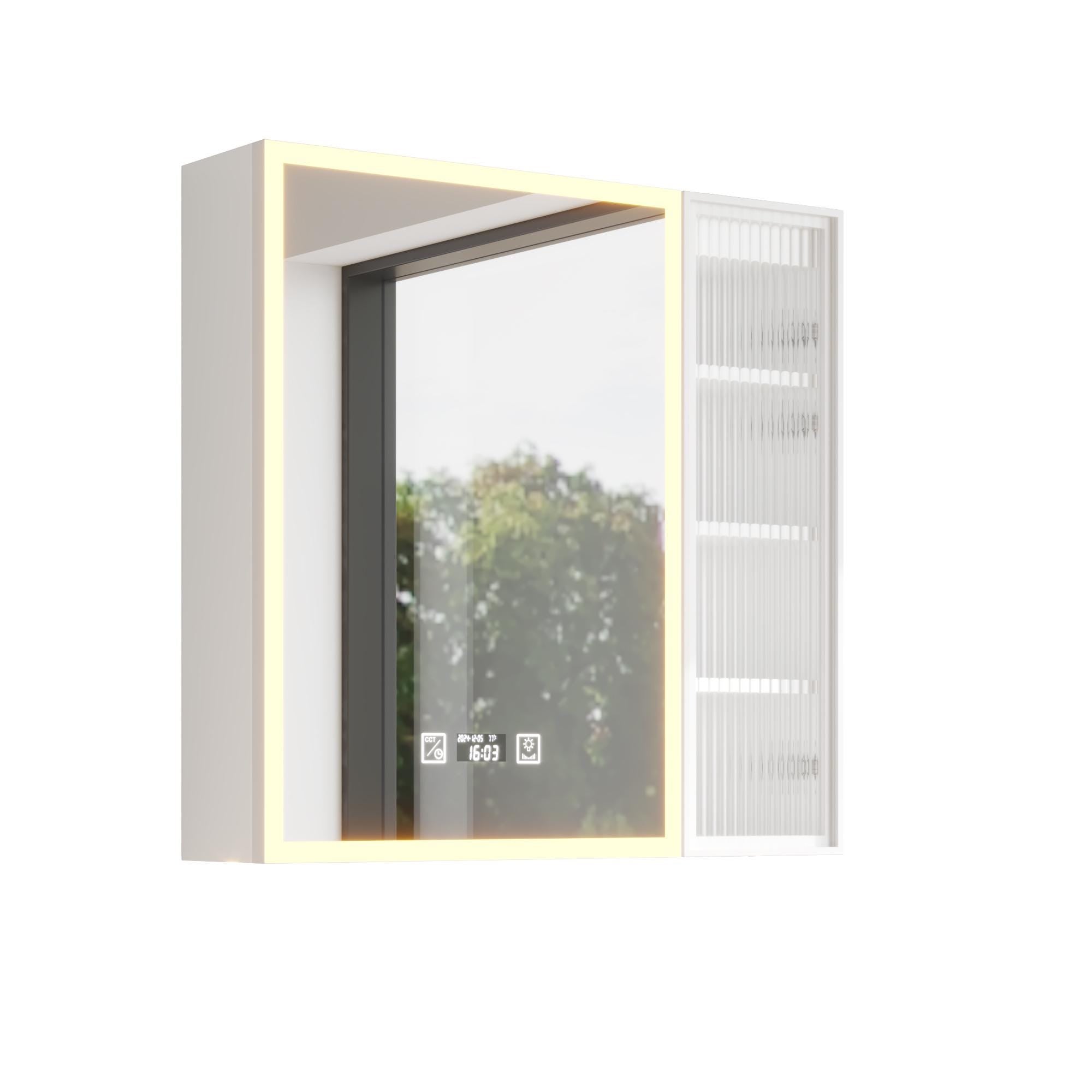 White LED Mirror Cabinet with Time & Temp Display | Wall Storage Cabinet w/ USB Ports, 3-Tone Light, Glass Doors, Bathroom Vanity