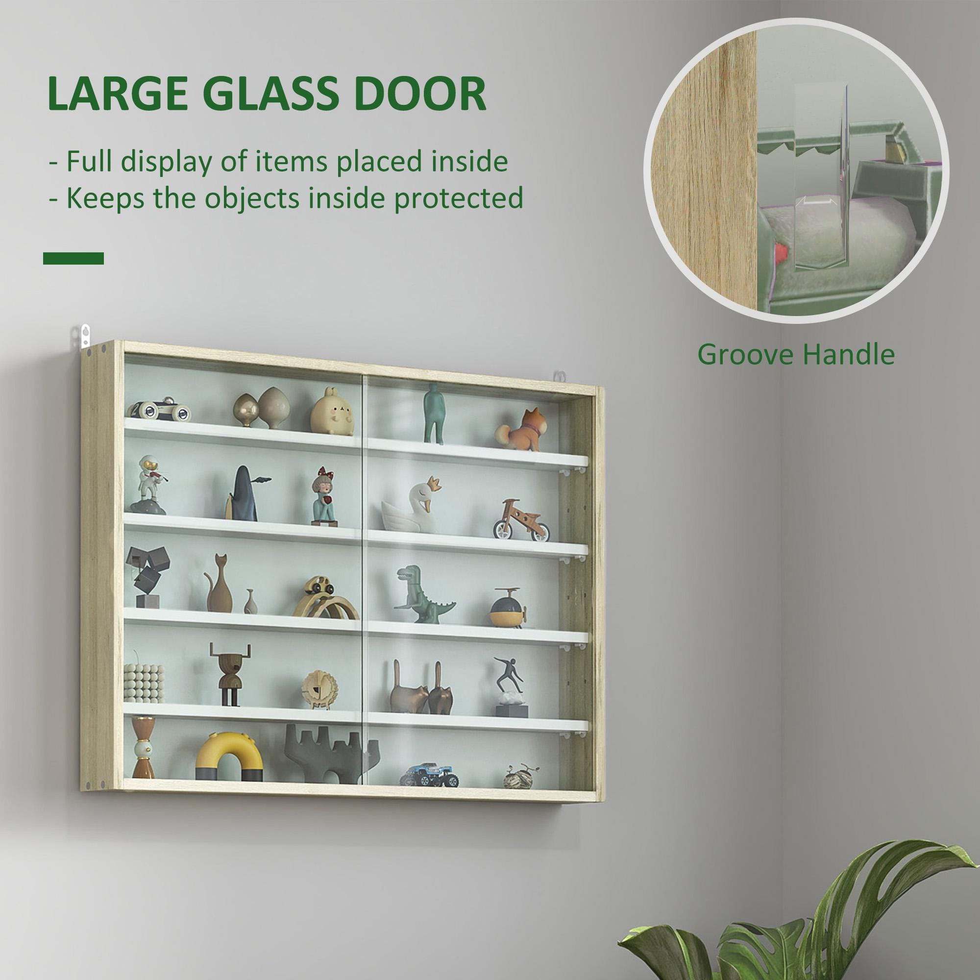 Wall Mounted Display Cabinet with Glass Doors | Modern Oak White Storage Shelf Organizer for Living Room Kitchen Collectibles