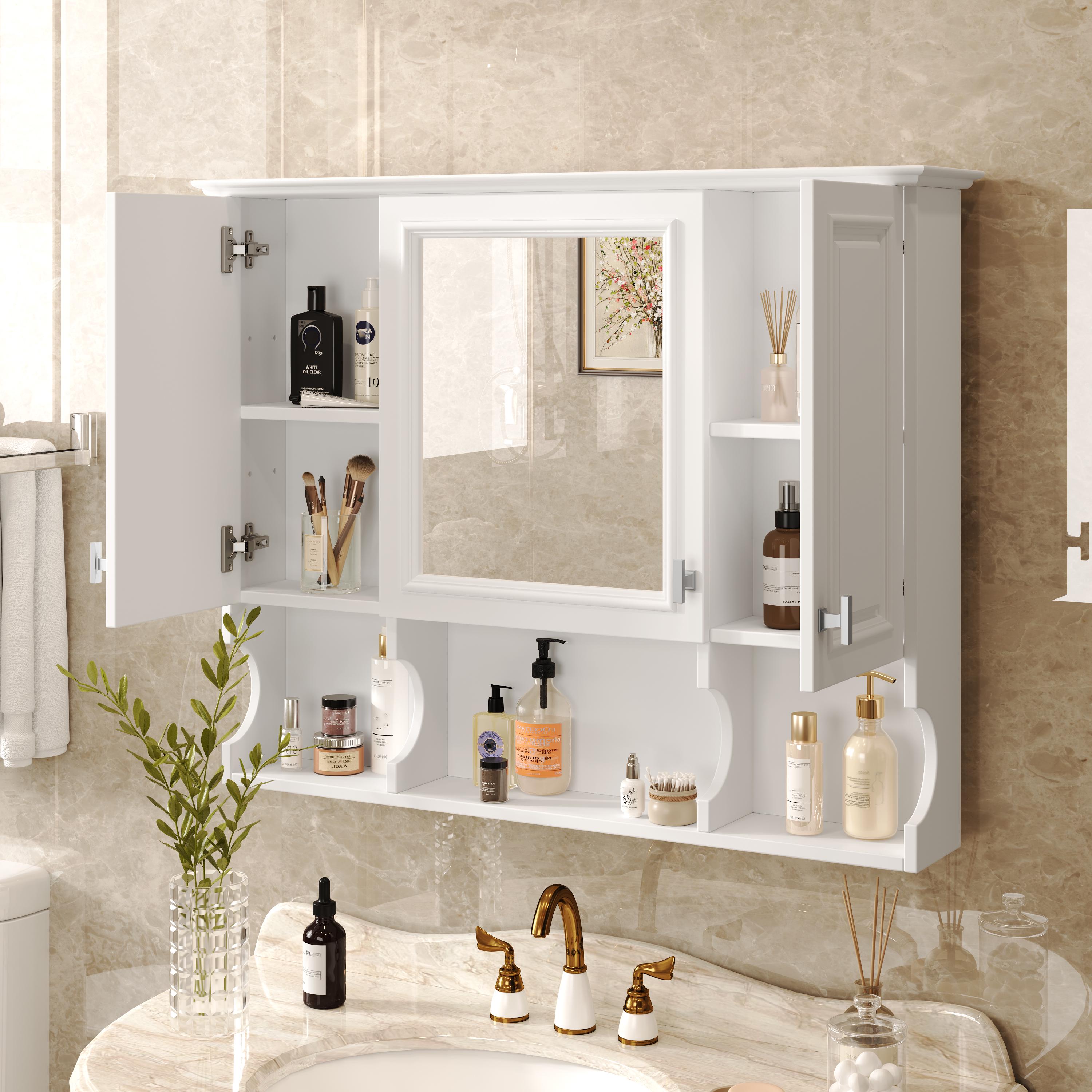 35x28 Wall Mounted Bathroom Medicine Cabinet with Mirror & Open Shelves | White MDF Modern Vanity Mirror Cabinet Storage Organizer