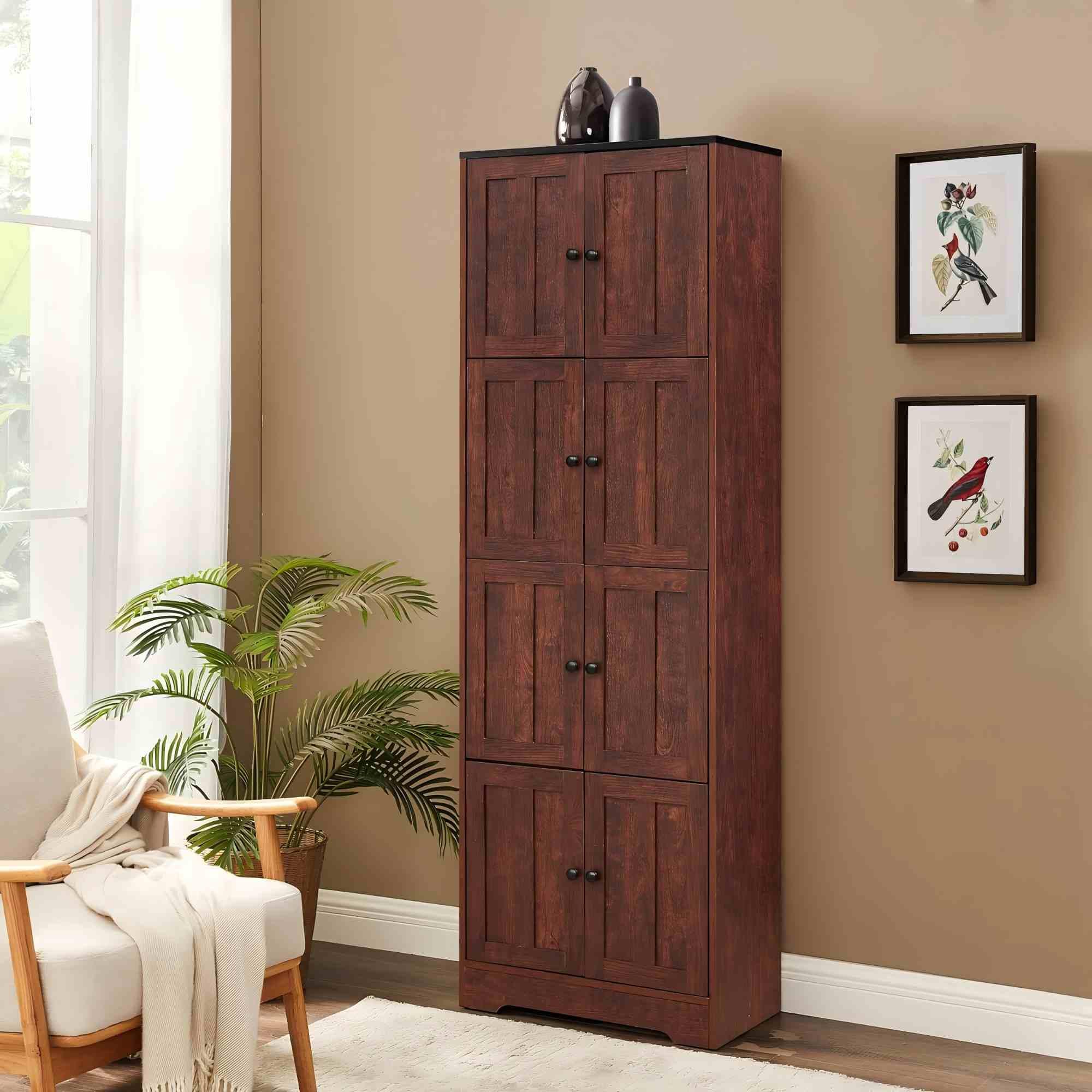 Tall Storage Cabinet 8 Doors 4 Shelves | Walnut Wood Pantry Organizer for Living Room Kitchen Office Bathroom Bedroom Furniture