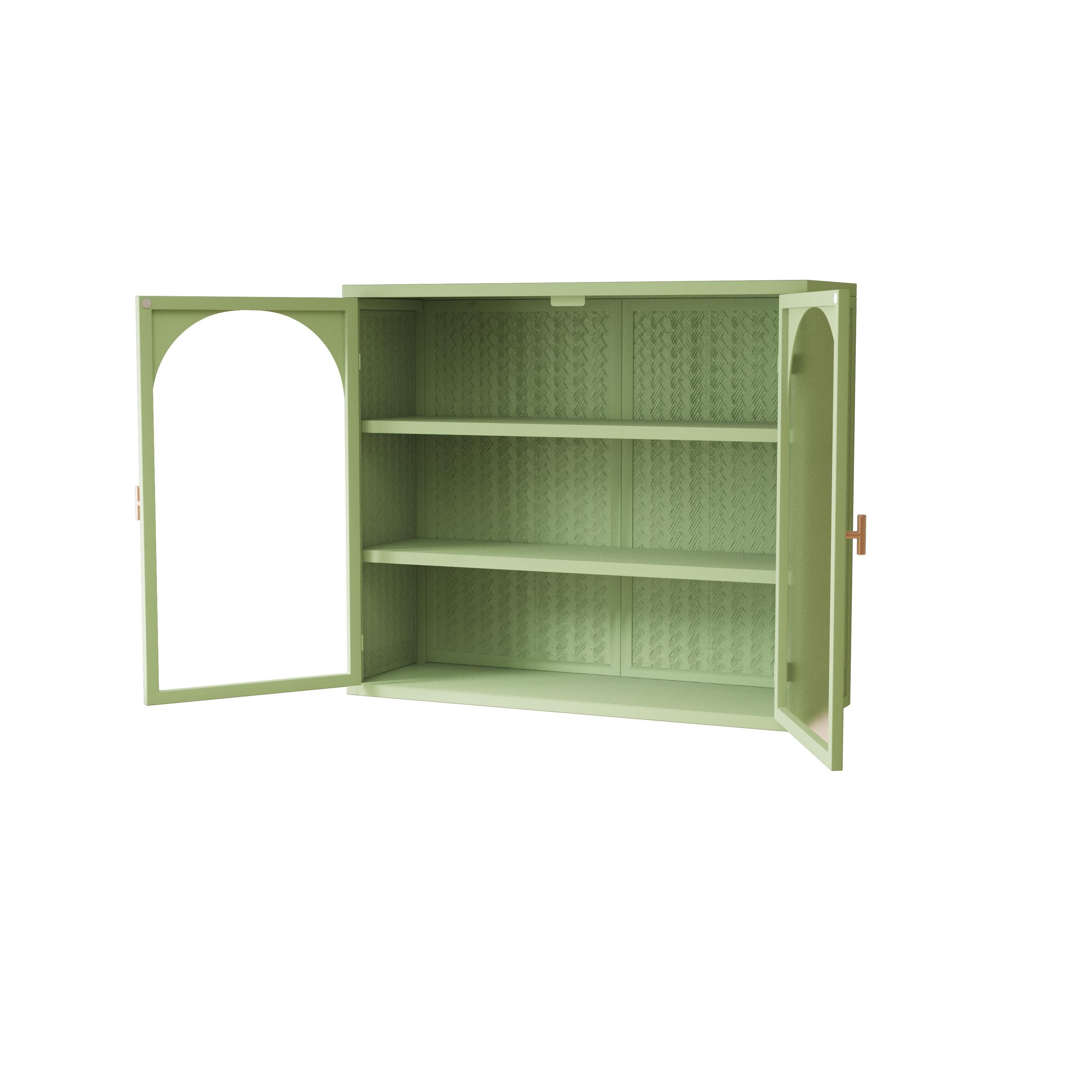 27.56" Two-Door Wall Cabinet with Glass Doors & Woven Pattern | Modern Three-Tier Storage for Entryway Living Room Bathroom Green