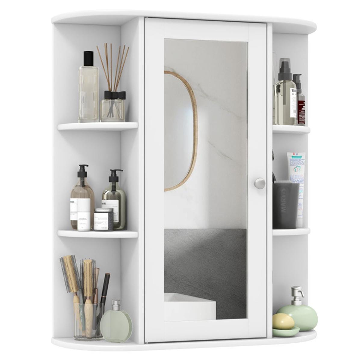 White Wall-Mounted Bathroom Cabinet with Mirror & Adjustable Shelves | Space-Saving MDF Storage Organizer for Toiletries